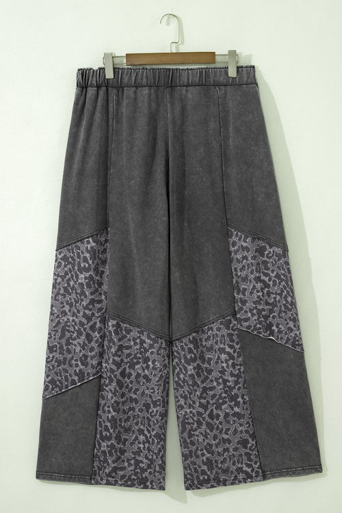 *Dark Grey Plus Size Leopard Patchwork Mineral Wash Wide Leg Pants