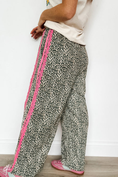 *Brown Wild Leopard Print Contrast Lace Striped Detail Drawstring Pants