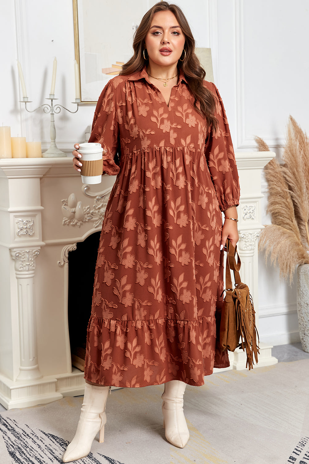*Cinnamon Plus Size Textured 3D Flower Pattern Ruffle Hem 3/4 Sleeve Long Dress