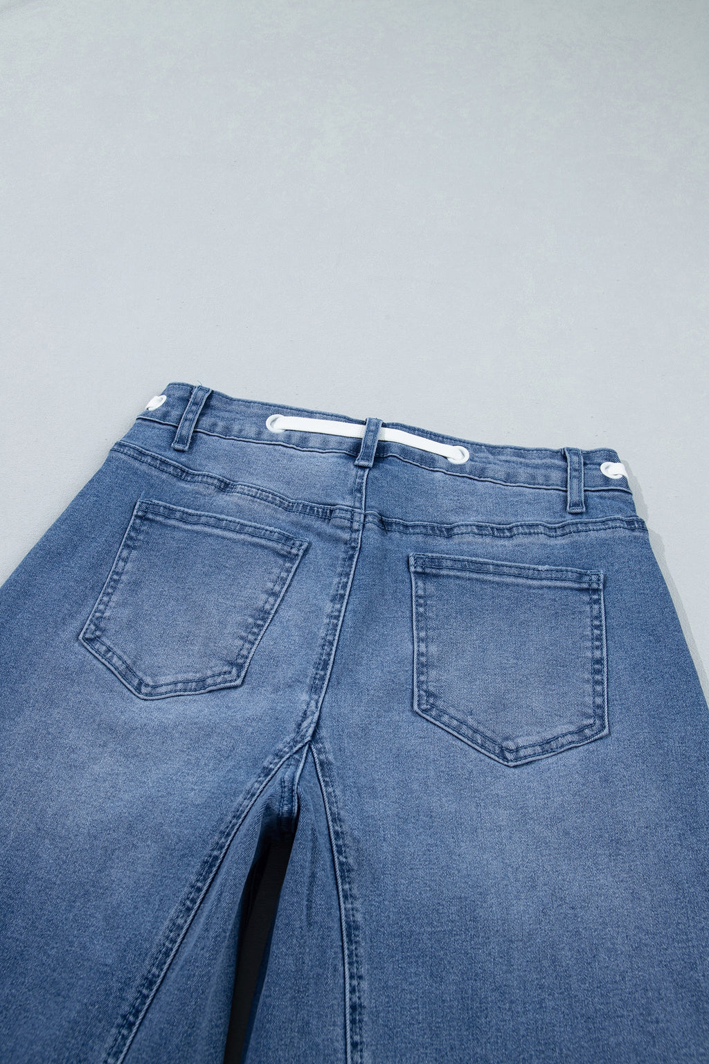 *Beau Blue Solid Patchwork Grommet Tie Waist Loose Ankle-Length Jeans