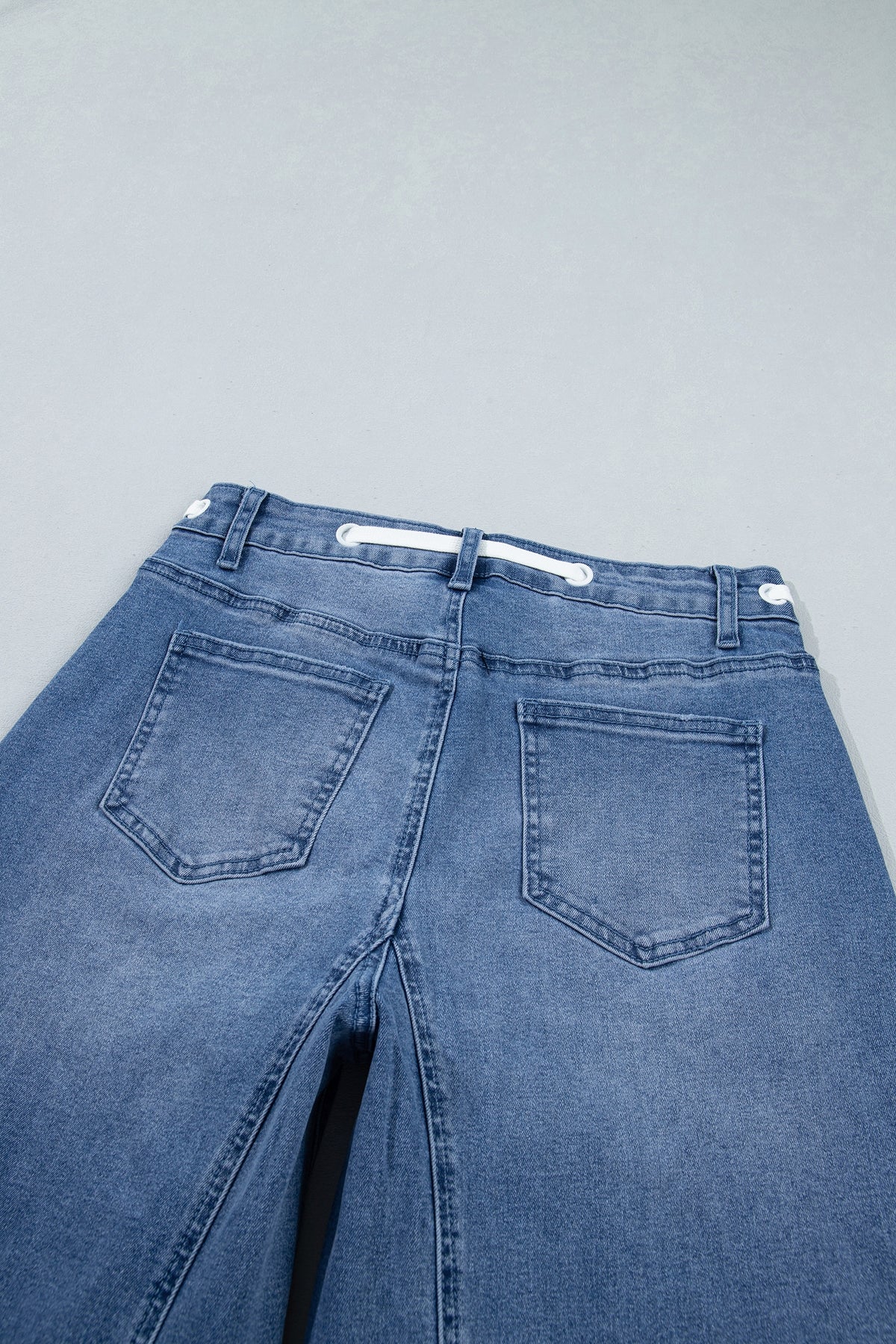 *Beau Blue Solid Patchwork Grommet Tie Waist Loose Ankle-Length Jeans