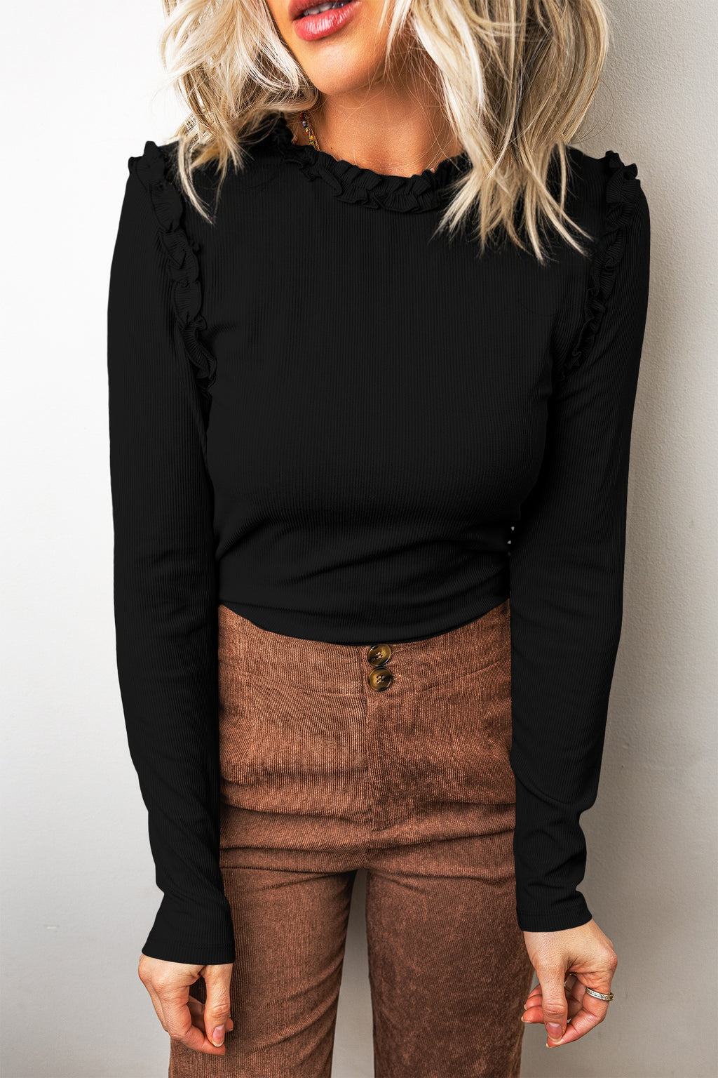 *(3 colors) Solid Color Round Neck Frill Detail Long Sleeve Top