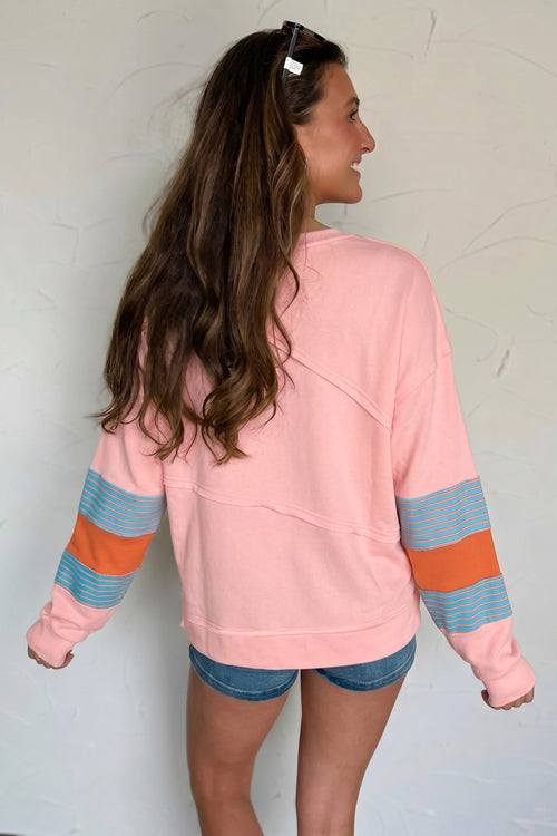 *Pink Colorblock Striped Patchwork Long Sleeve Round Neck Blouse