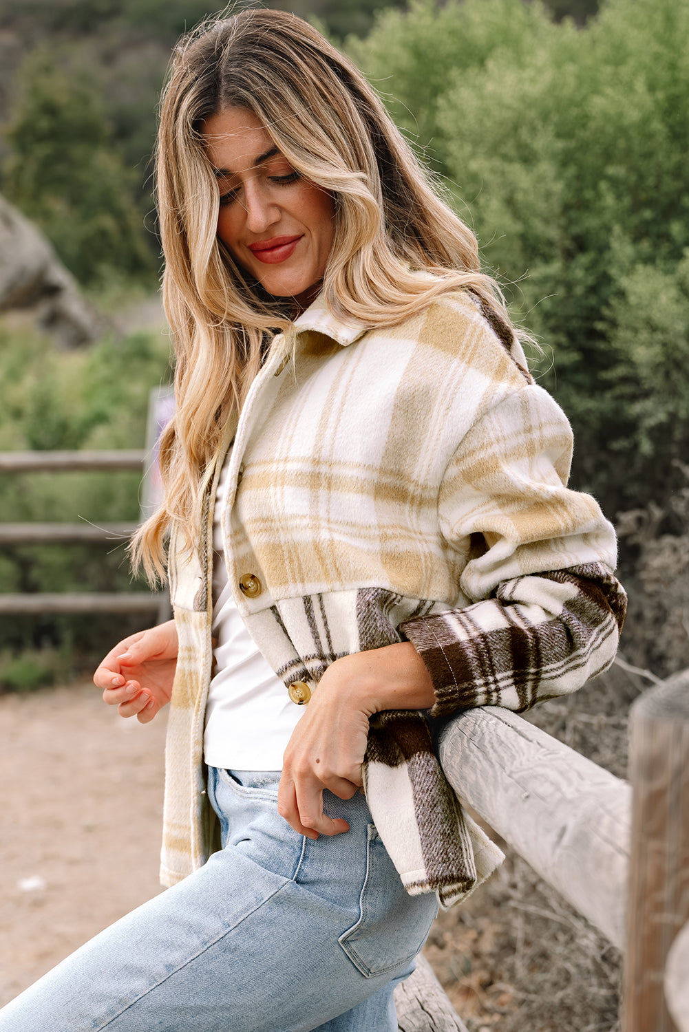 *Multicolour Plaid Patchwork Side Pockets Buttoned Shacket