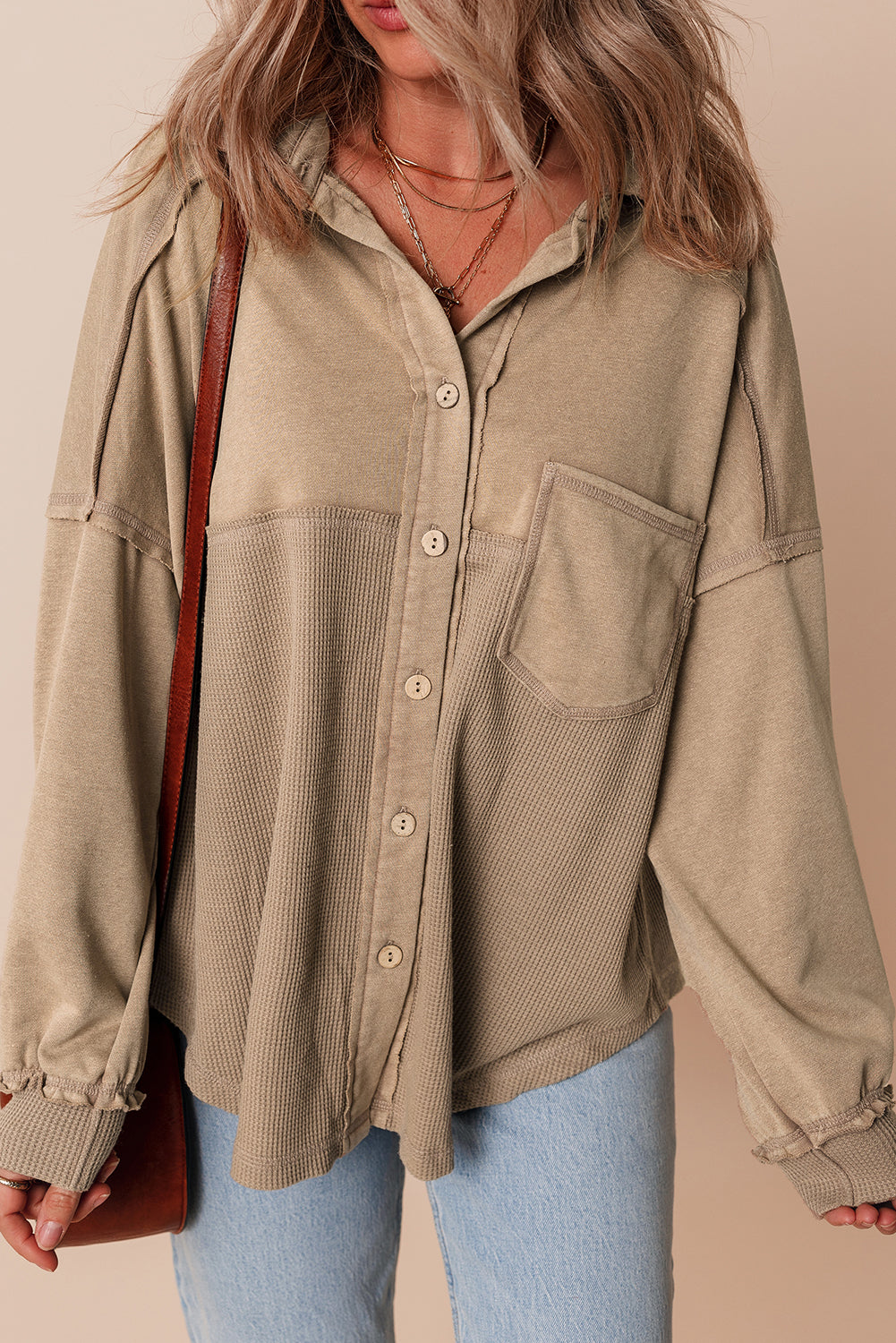 *Goat Mineral Wash Textured Patchwork Loose Fit Shacket