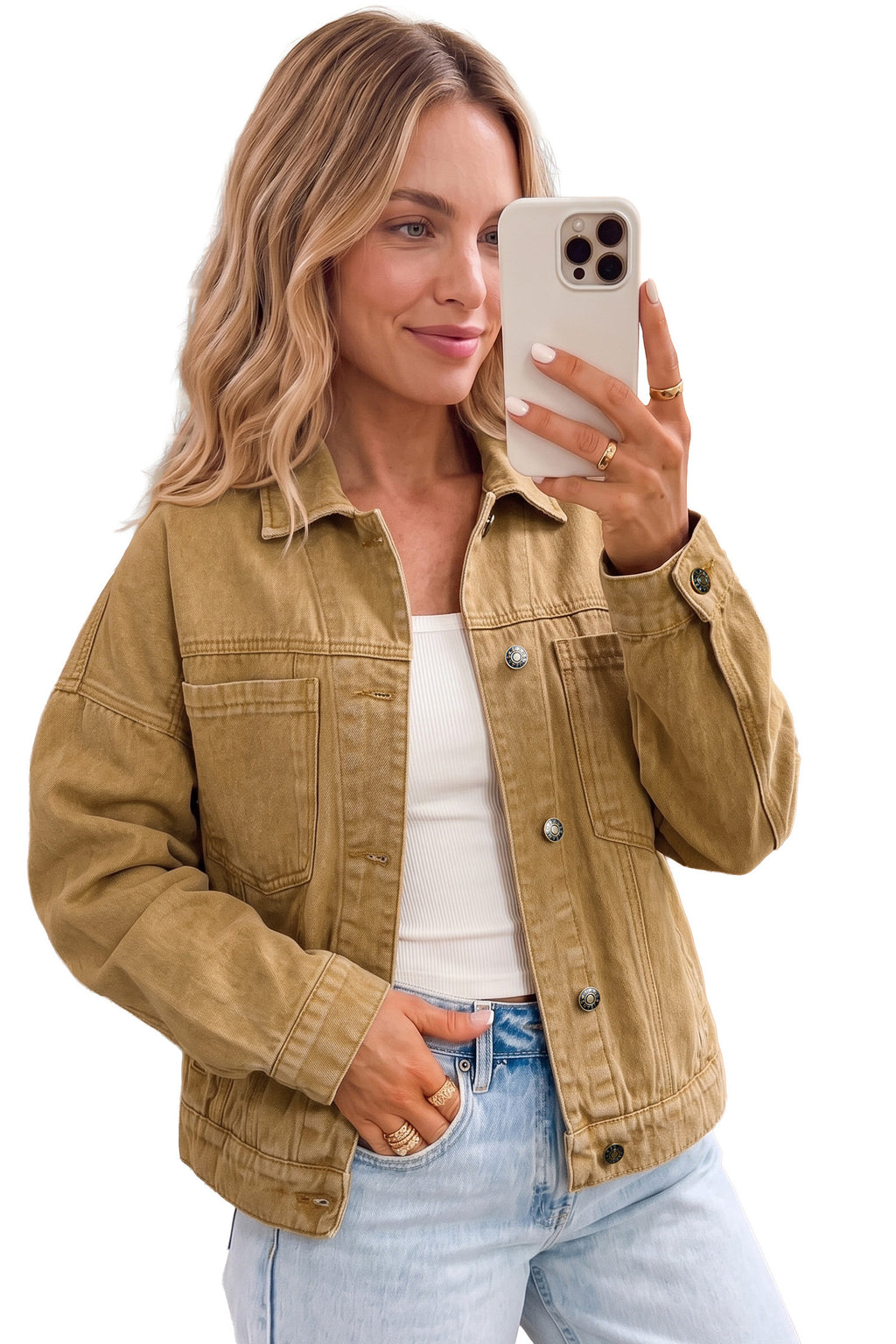 *honey gold Metal Button Front Long Sleeve Collar Denim Jacket