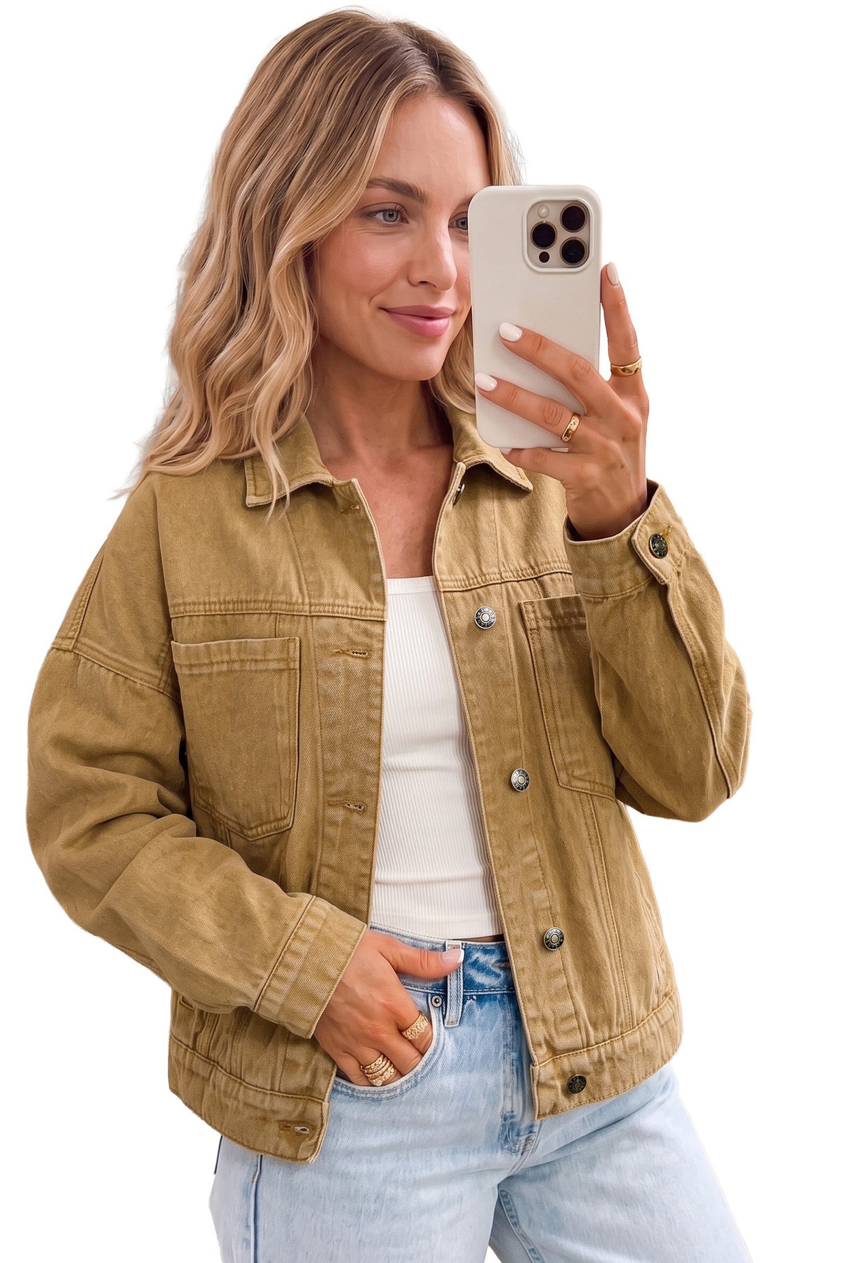*honey gold Metal Button Front Long Sleeve Collar Denim Jacket