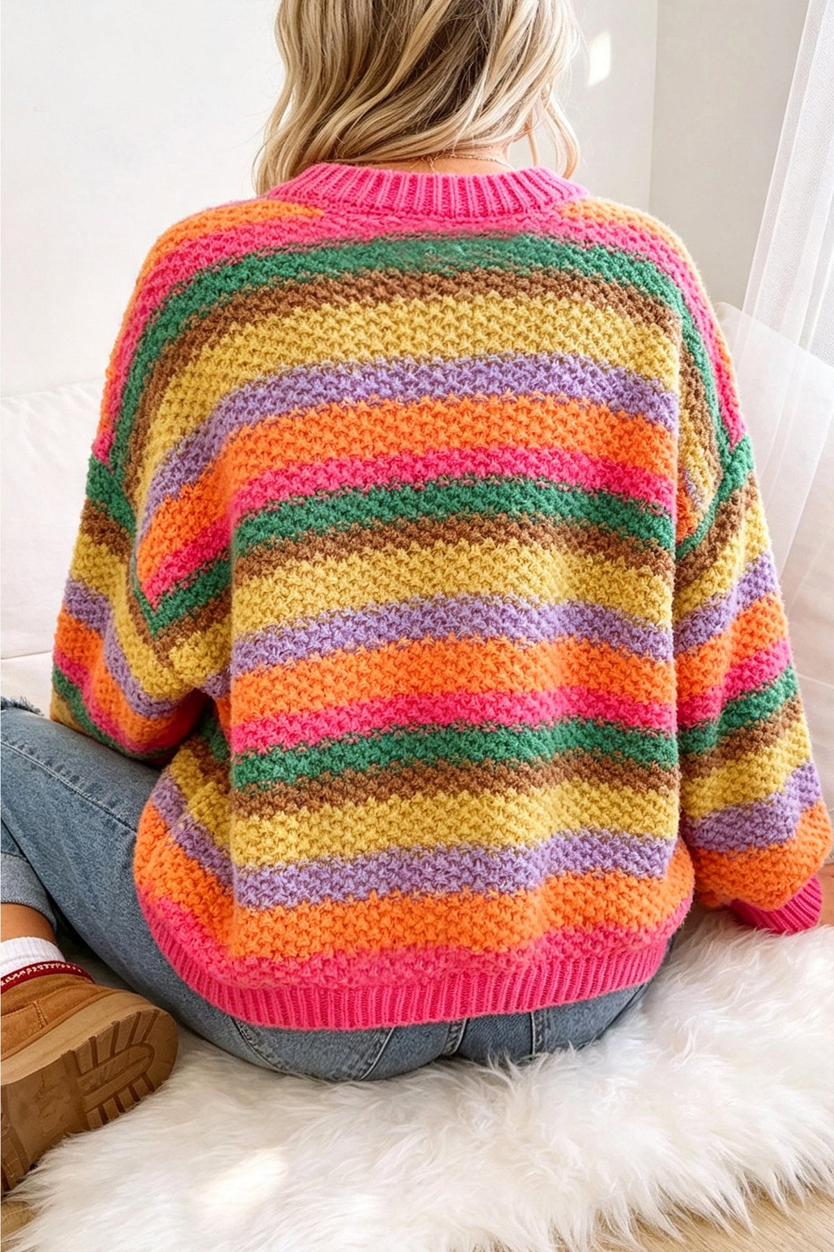 *Camel Rainbow Striped Knit Round Neck Puff Sleeve Sweater