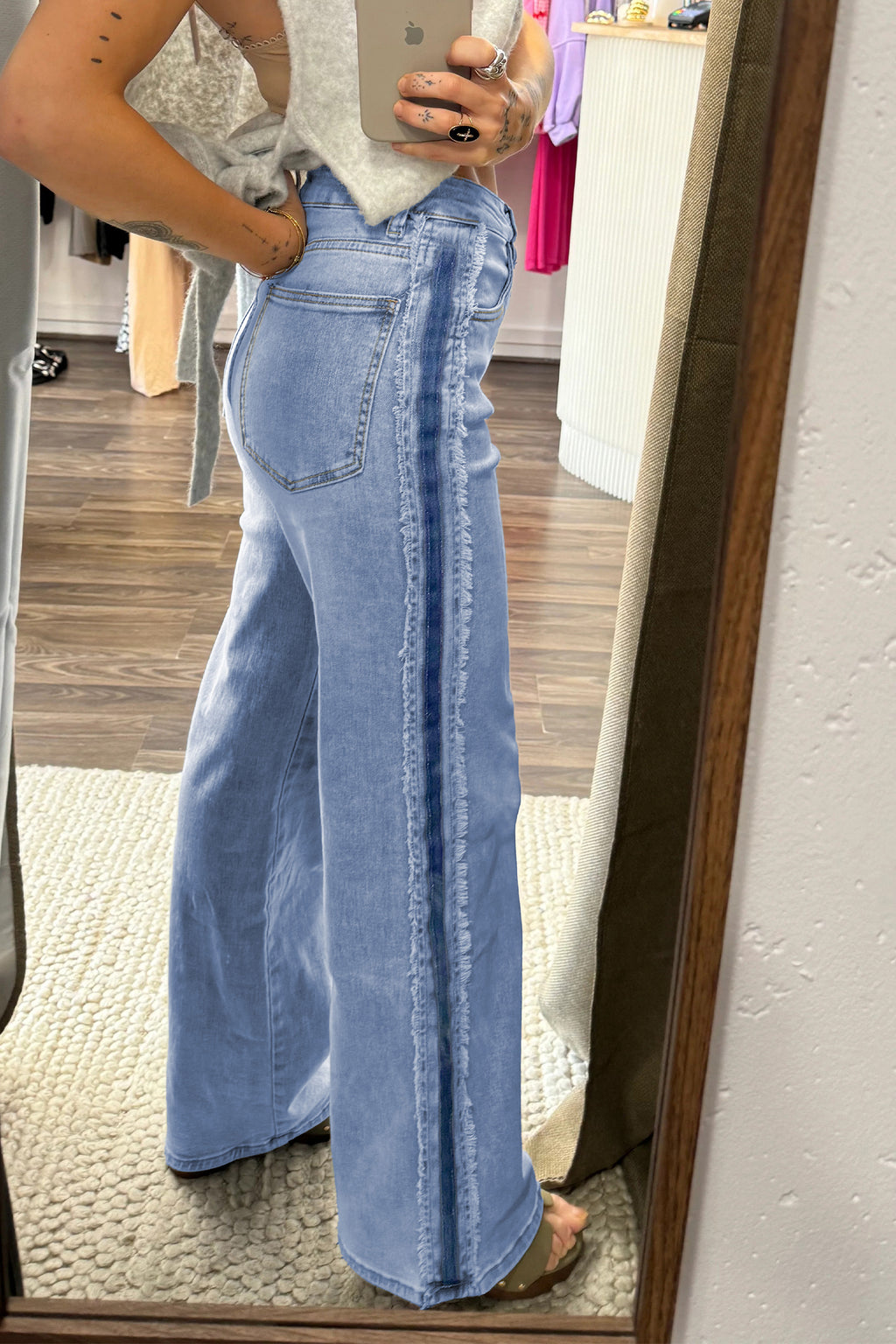 *Beau Blue Contrast Stripe Frayed Side Panel Patchwork Shift Jeans