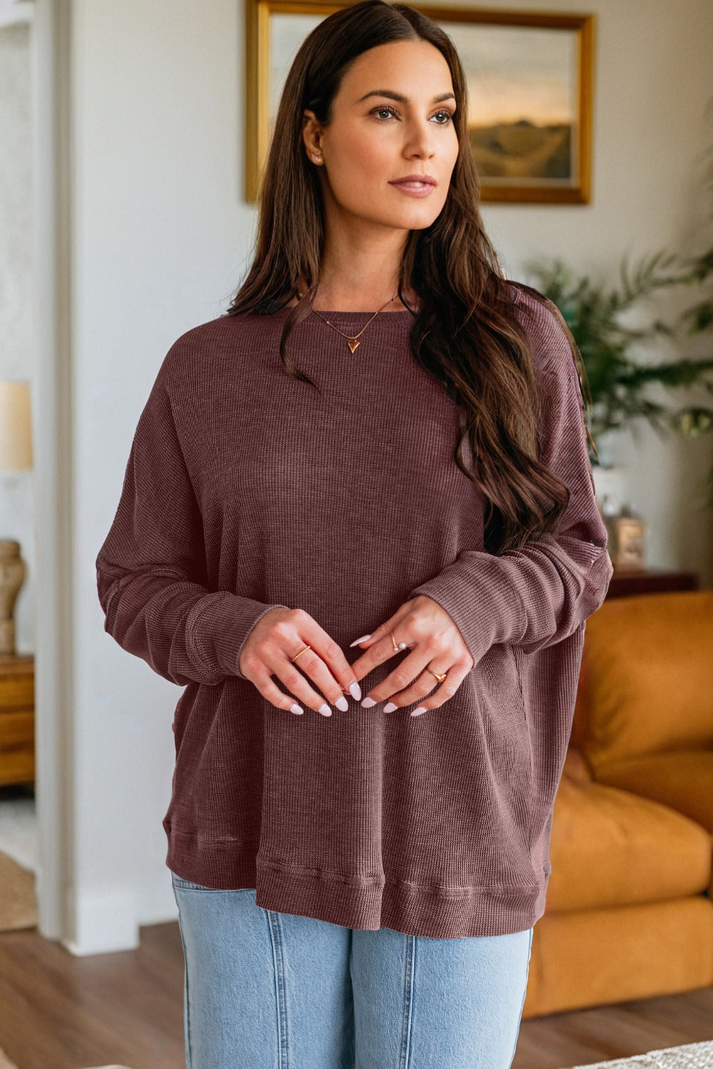 *Dark Brown Waffle Knit Patchwork Long Sleeve Loose Top