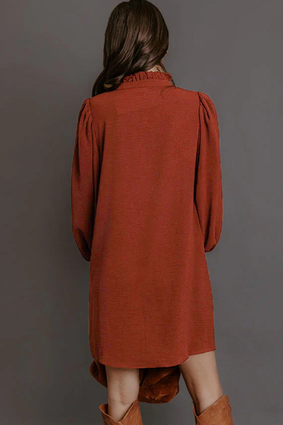 *Coffee Solid Shift Long Sleeve Short Length One Piece Dress