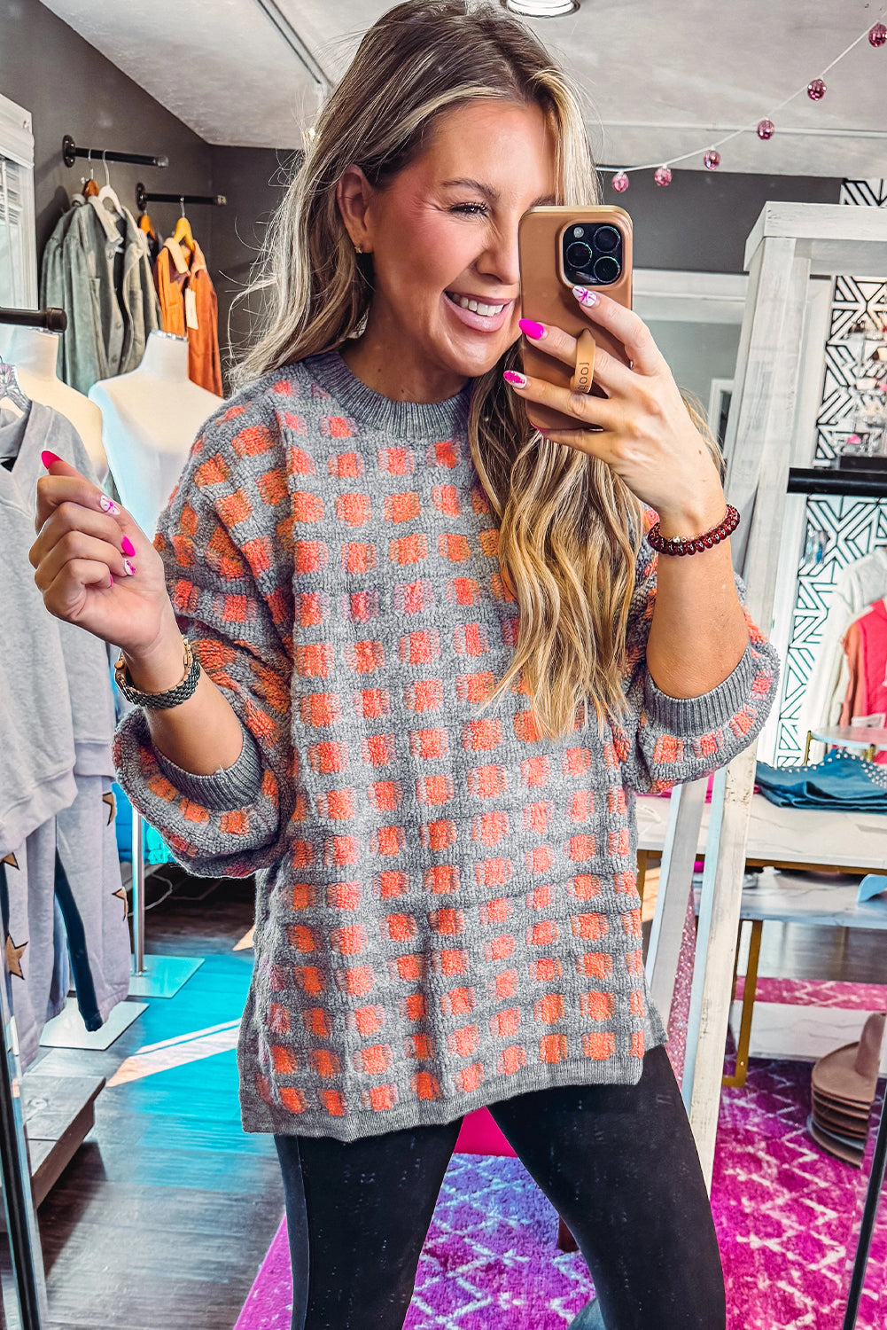 *Pink Checkered Oversized Side Slit Sweater