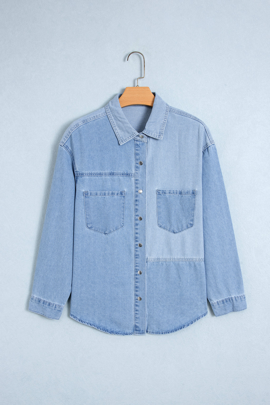 *Beau Blue Lightweight Denim Striped Patchwork Button Down Shacket