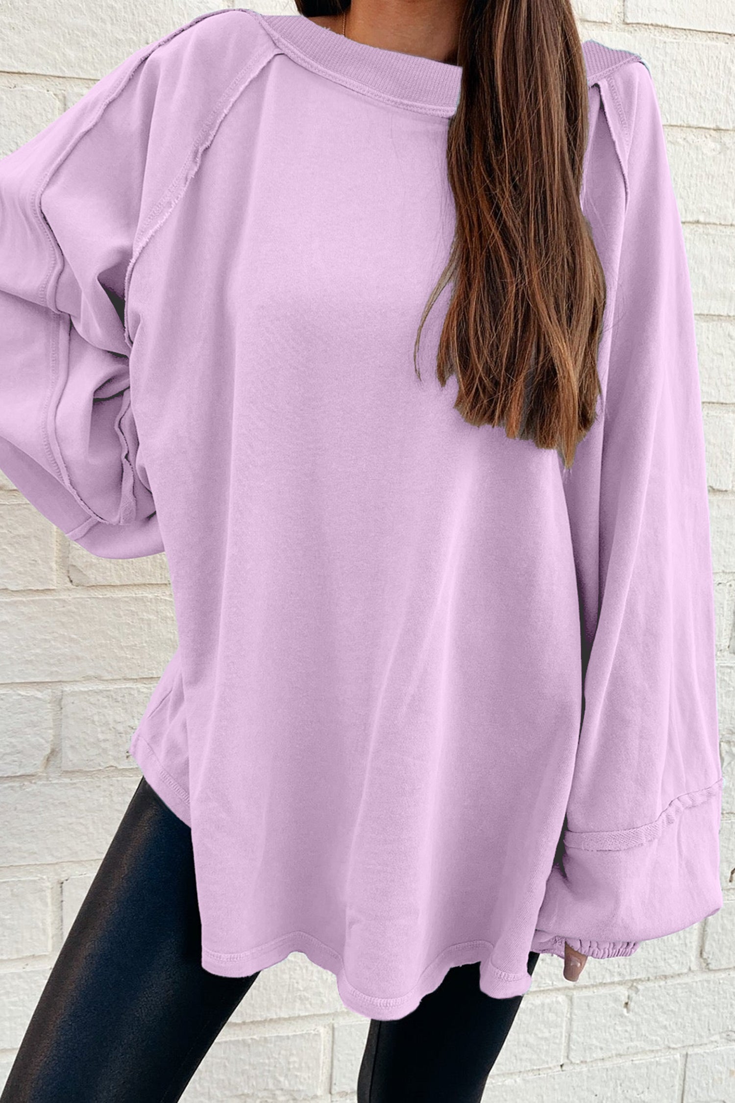 *Beige Solid Color Raw Seam Patchwork Baggy Sweatshirt