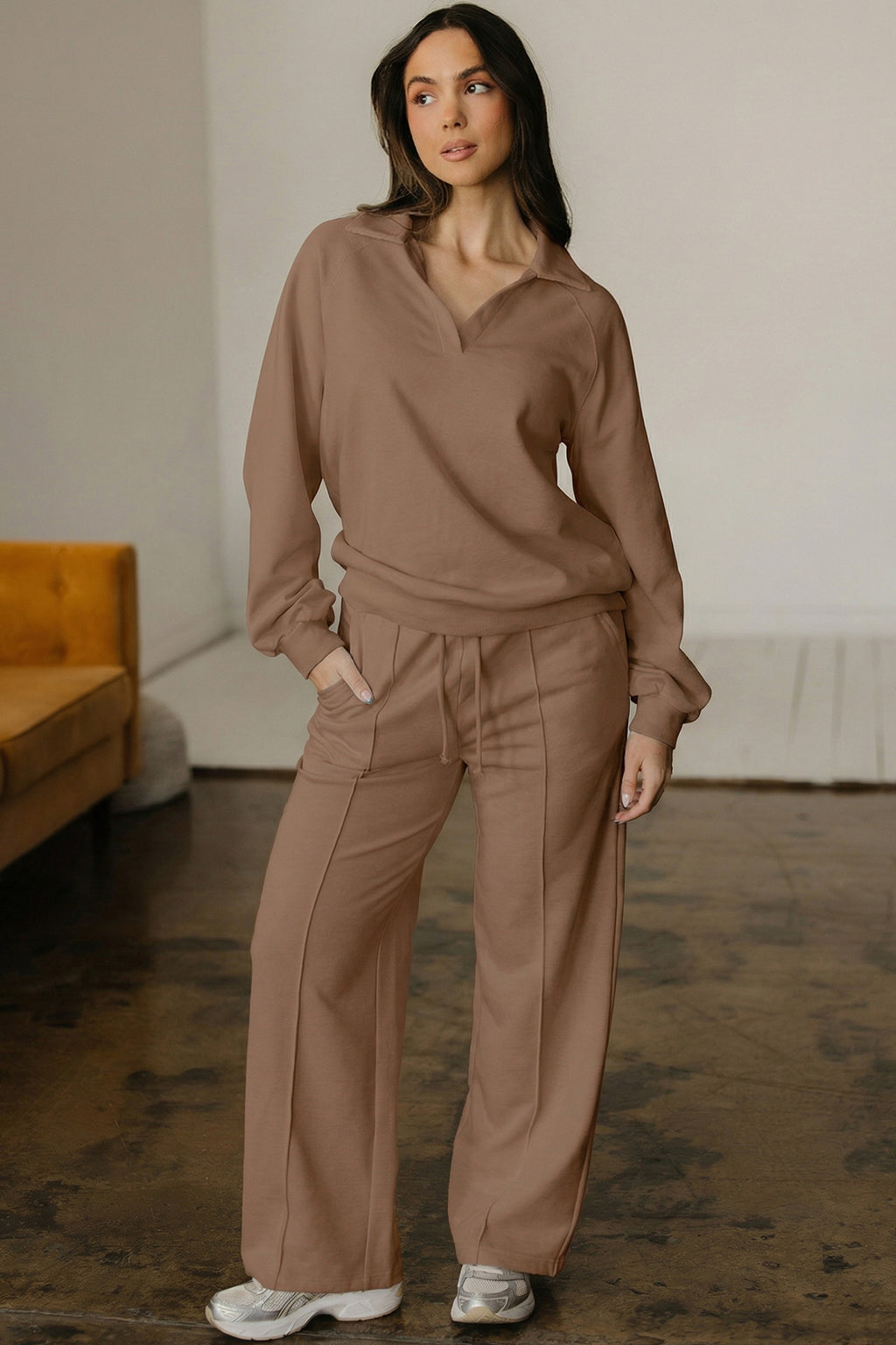 *Dark Khaki Polo Collar V Neck Pullover and Drawstring Sweatpants Set