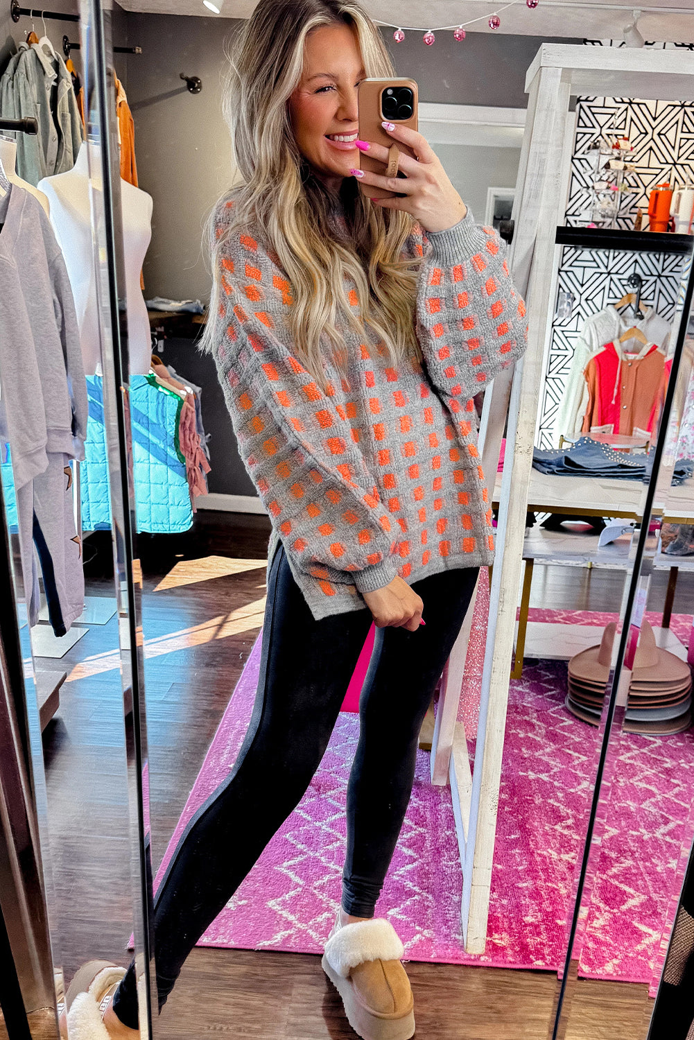 *Pink Checkered Oversized Side Slit Sweater