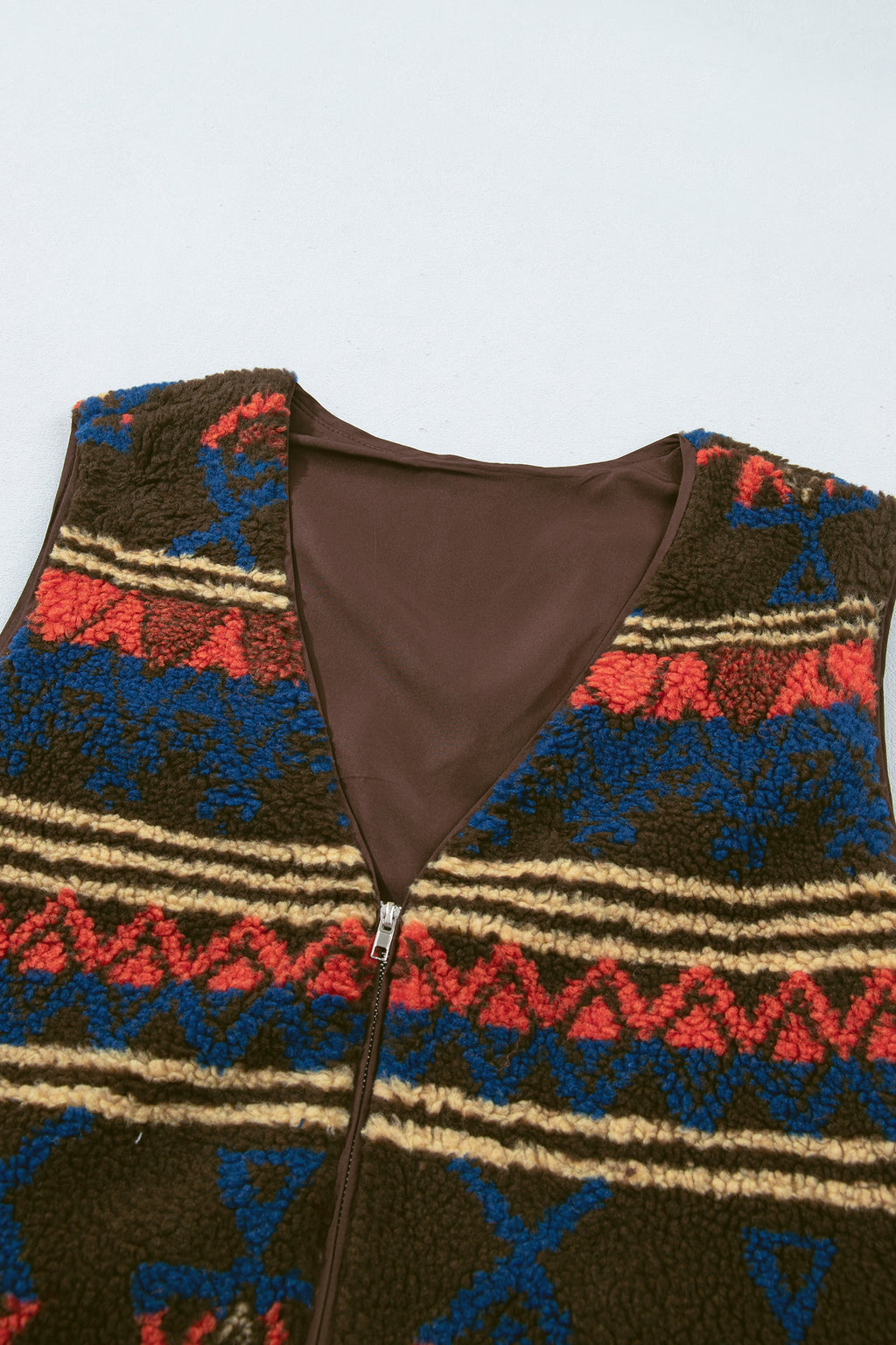 *Multicolour Western Print Faux Fur Metal Zipper Insert Pockets Sleeveless Vest