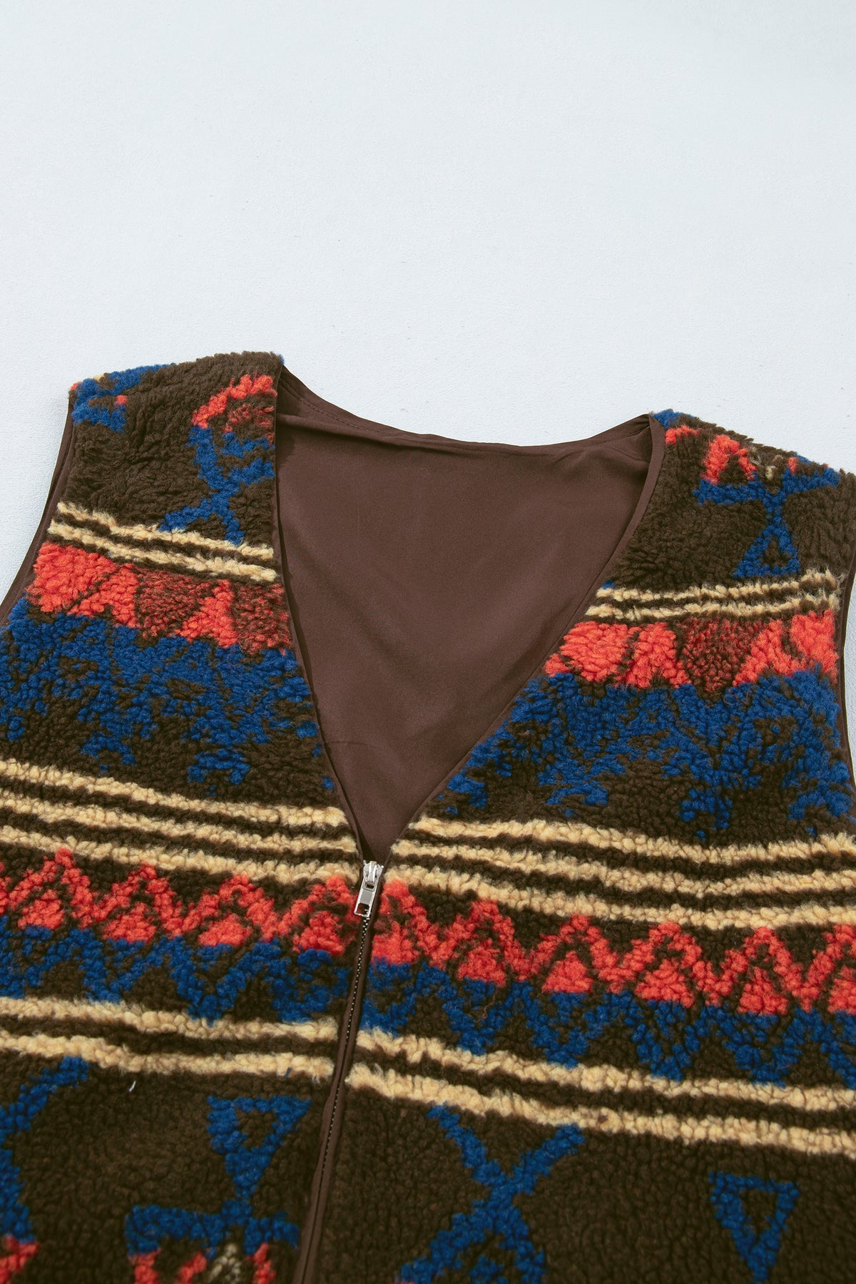 *Multicolour Western Print Faux Fur Metal Zipper Insert Pockets Sleeveless Vest