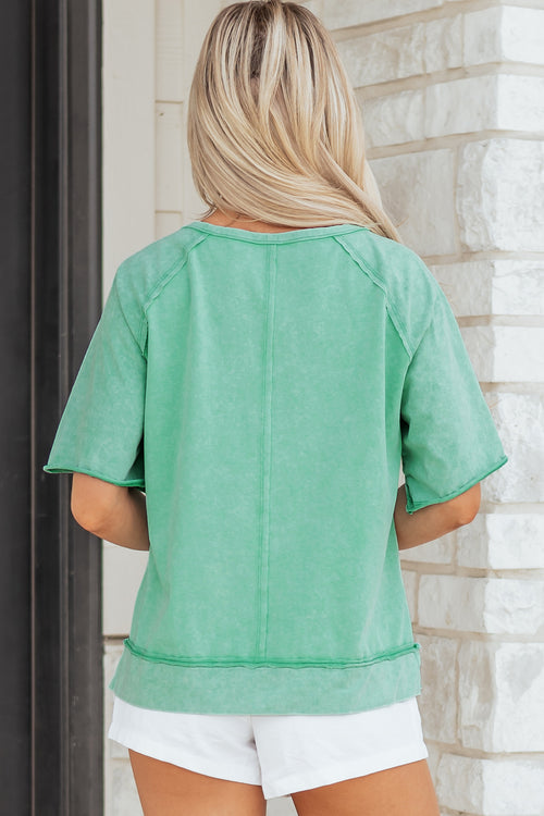 *Mint Green Half Buttons Raw Seam Raglan Sleeve Mineral Wash T Shirt