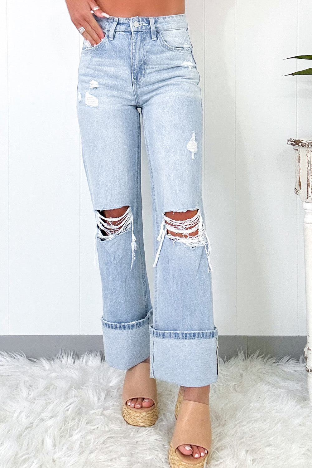 *Beau Blue Light Wash Distressed Straight Jeans