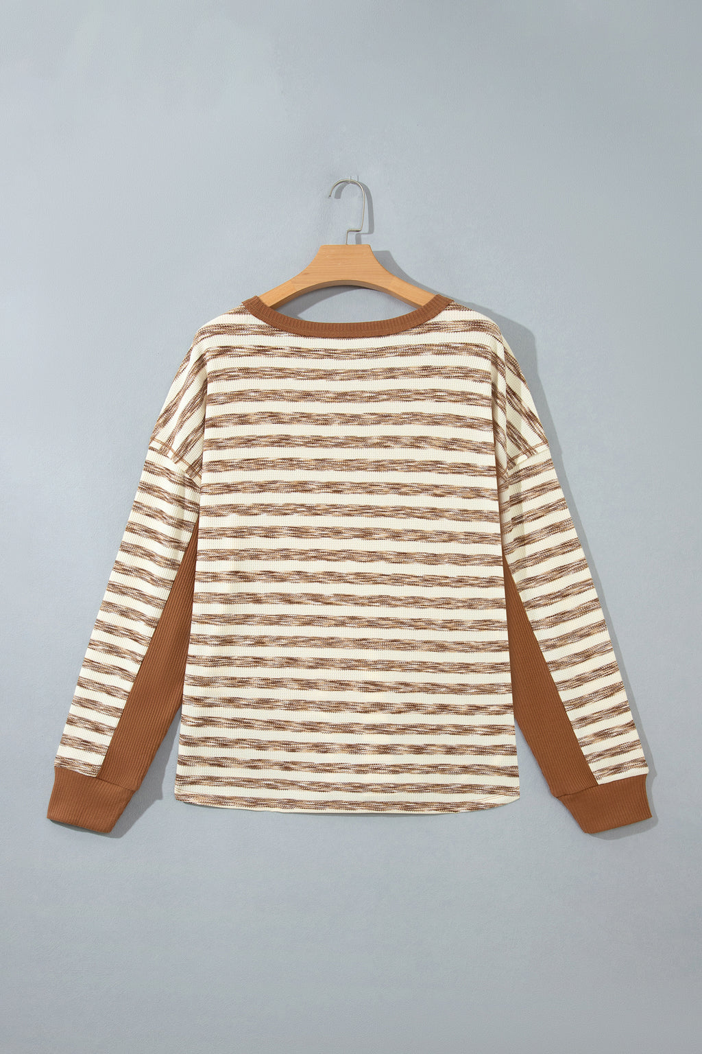 *Brown Stripe Textured Knit Color Block Trim Long Sleeve Round Neck Top