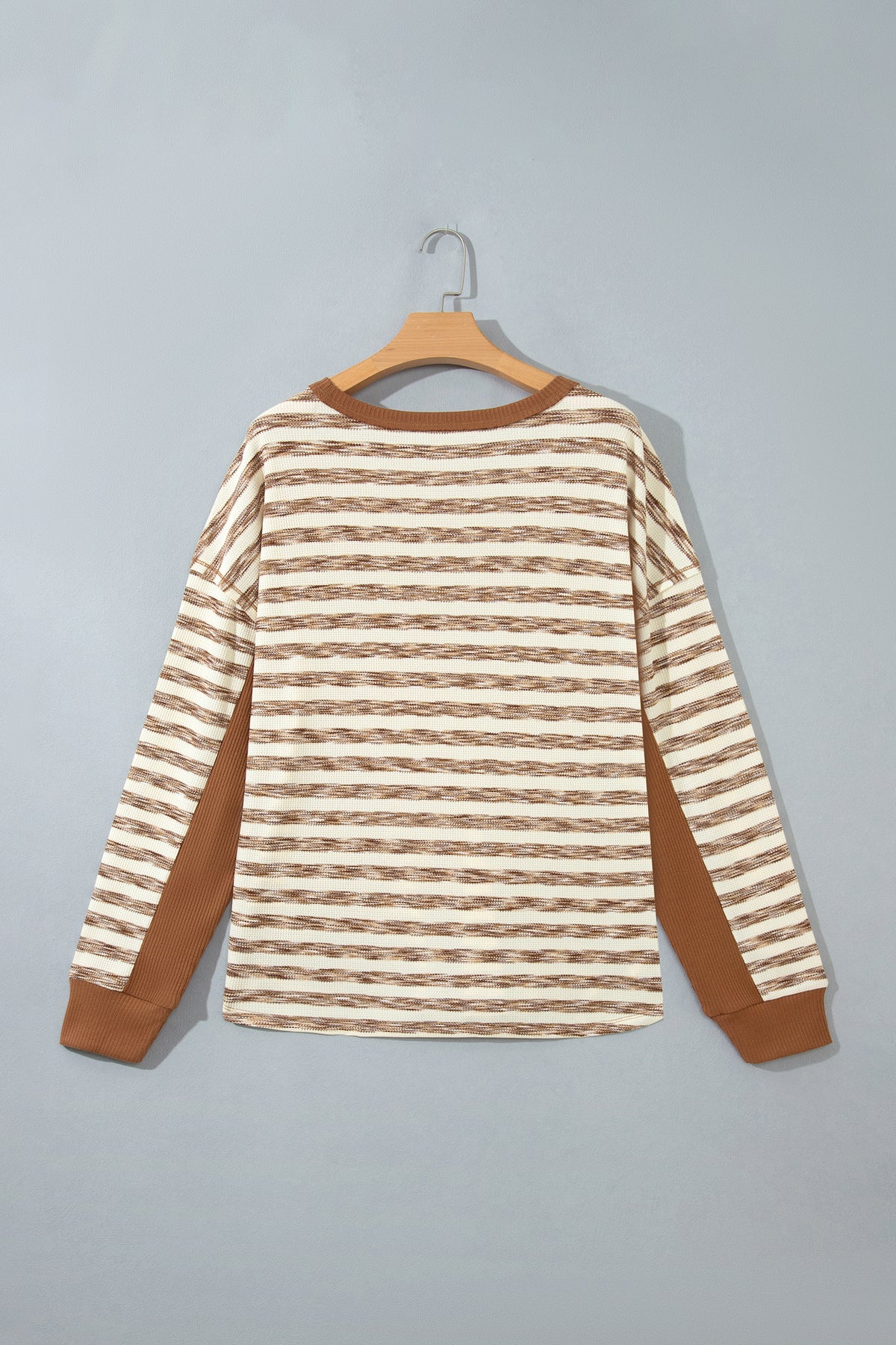 *Brown Stripe Textured Knit Color Block Trim Long Sleeve Round Neck Top