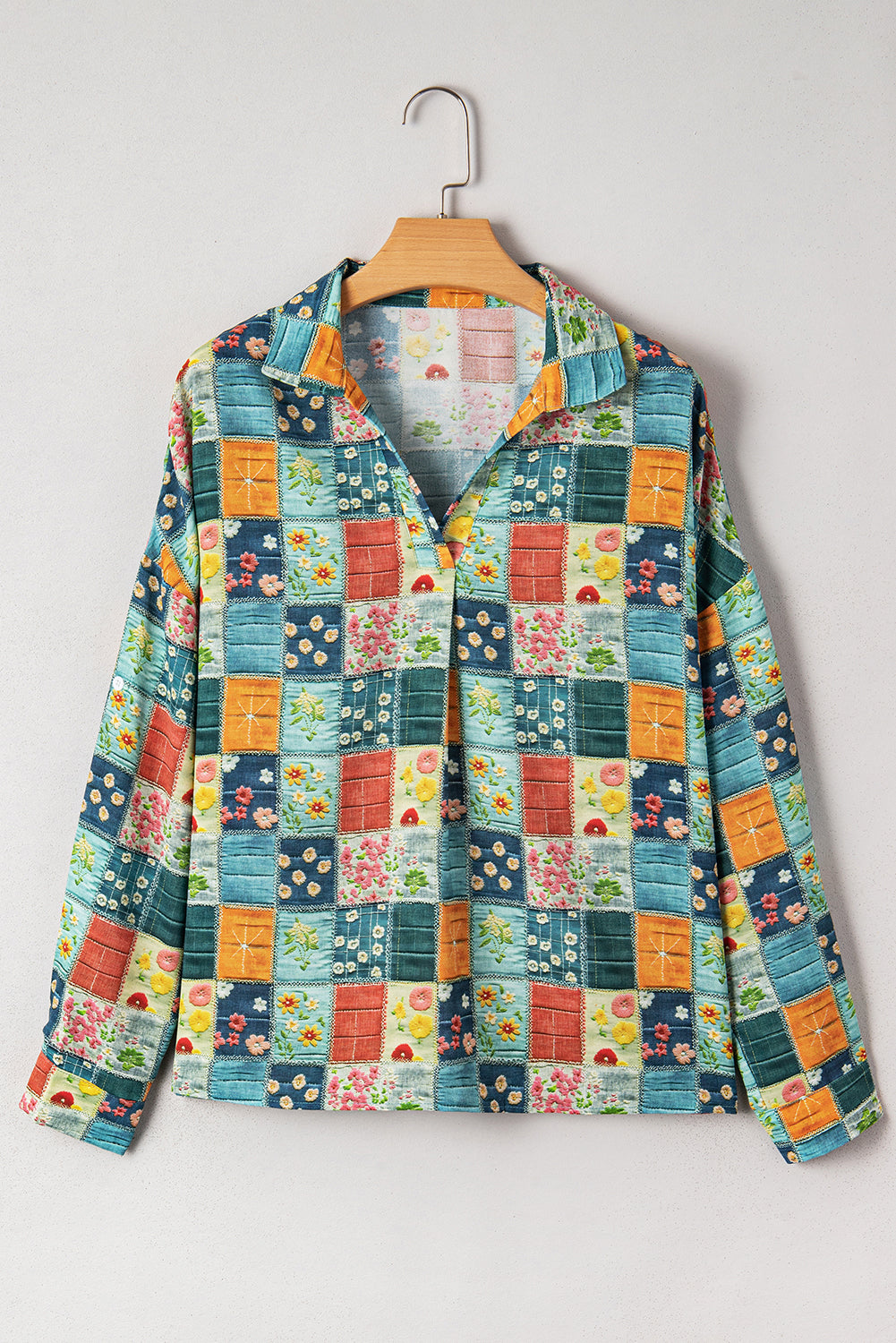 *Sky Blue Floral Collared V Neck Roll up Sleeve Shift Blouse