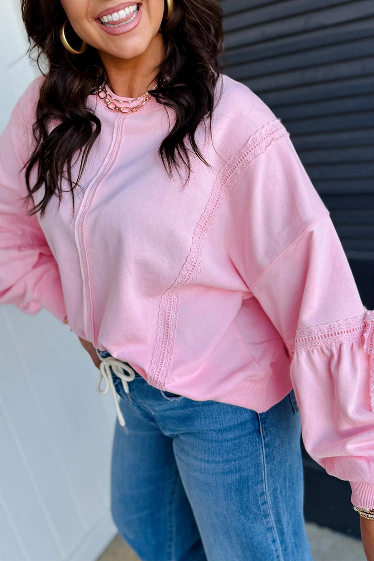 *Parchment Solid Color Raw Seam Lace Detail Loose Casual Sweatshirt