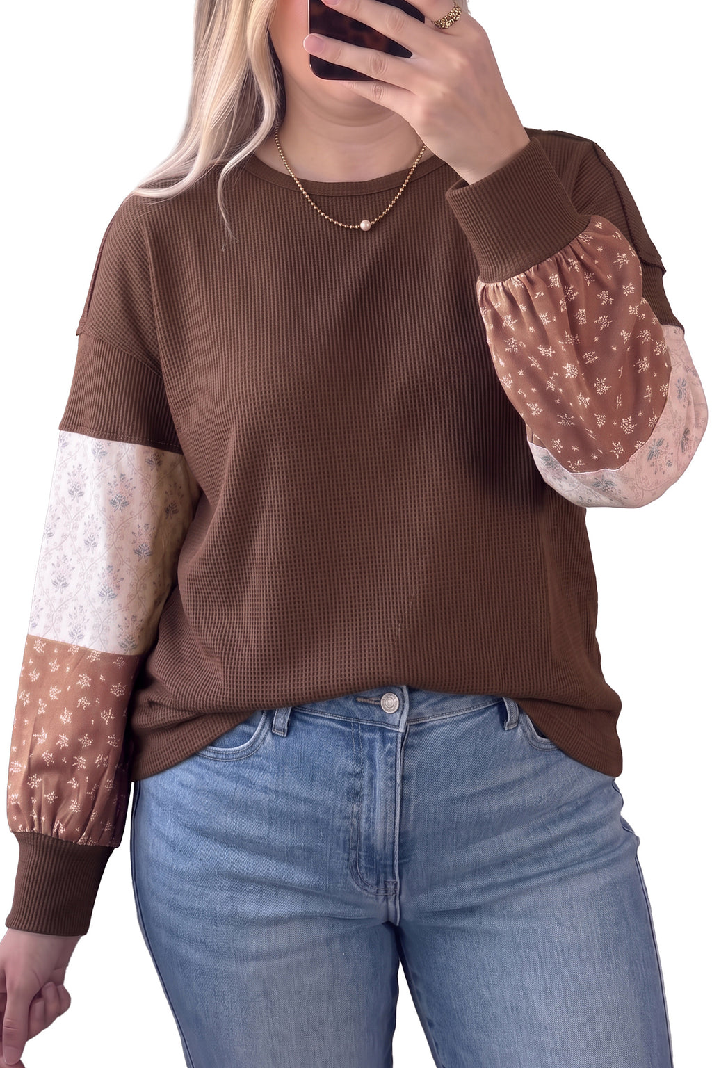 *Coffee Plus Size Waffle Knit Floral Patchwork Long Sleeve Top
