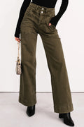 *Jungle Green Double Waistband Loose Straight Jeans