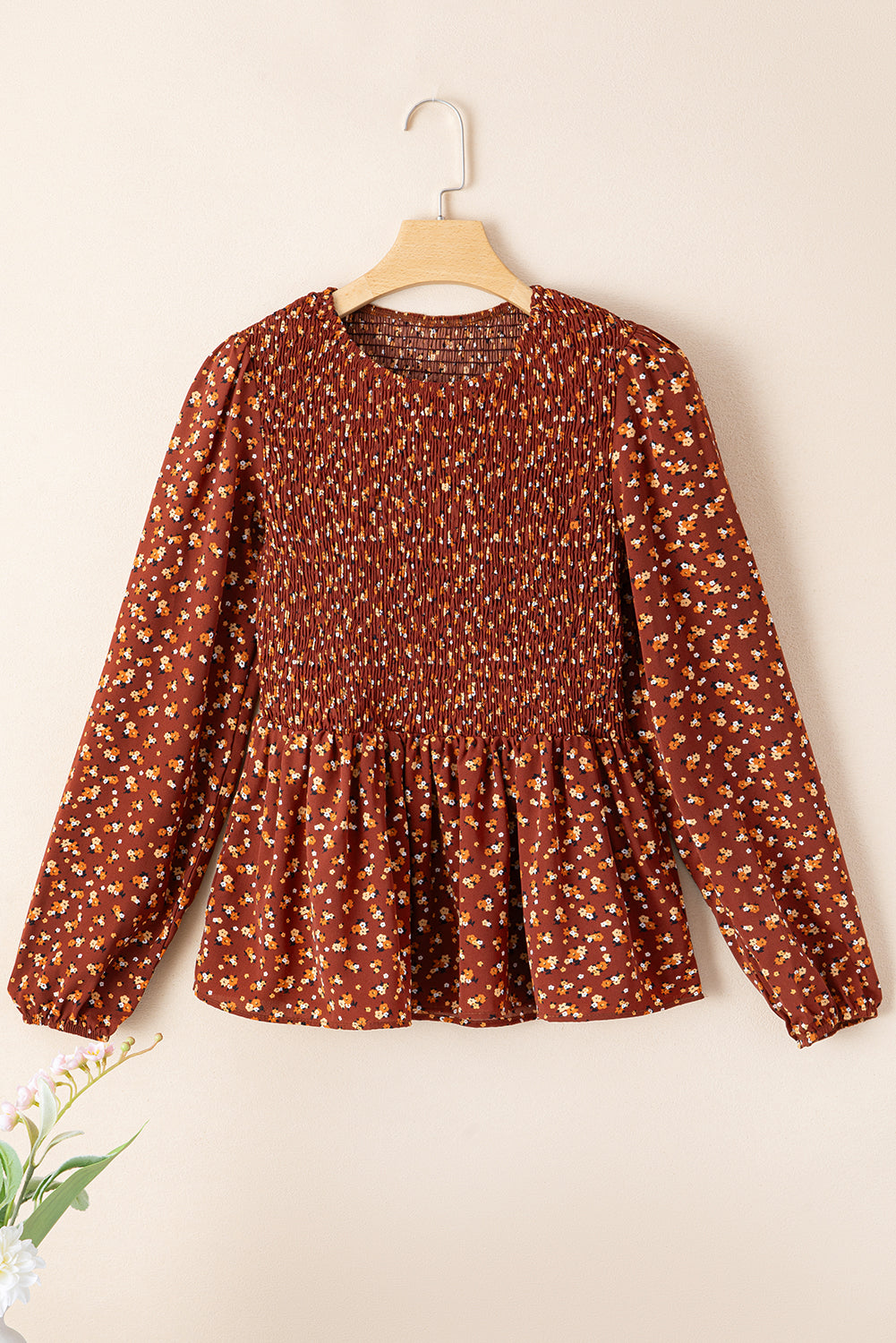 *Boho Floral Smocked Bust Ruffled Peplum Blouse