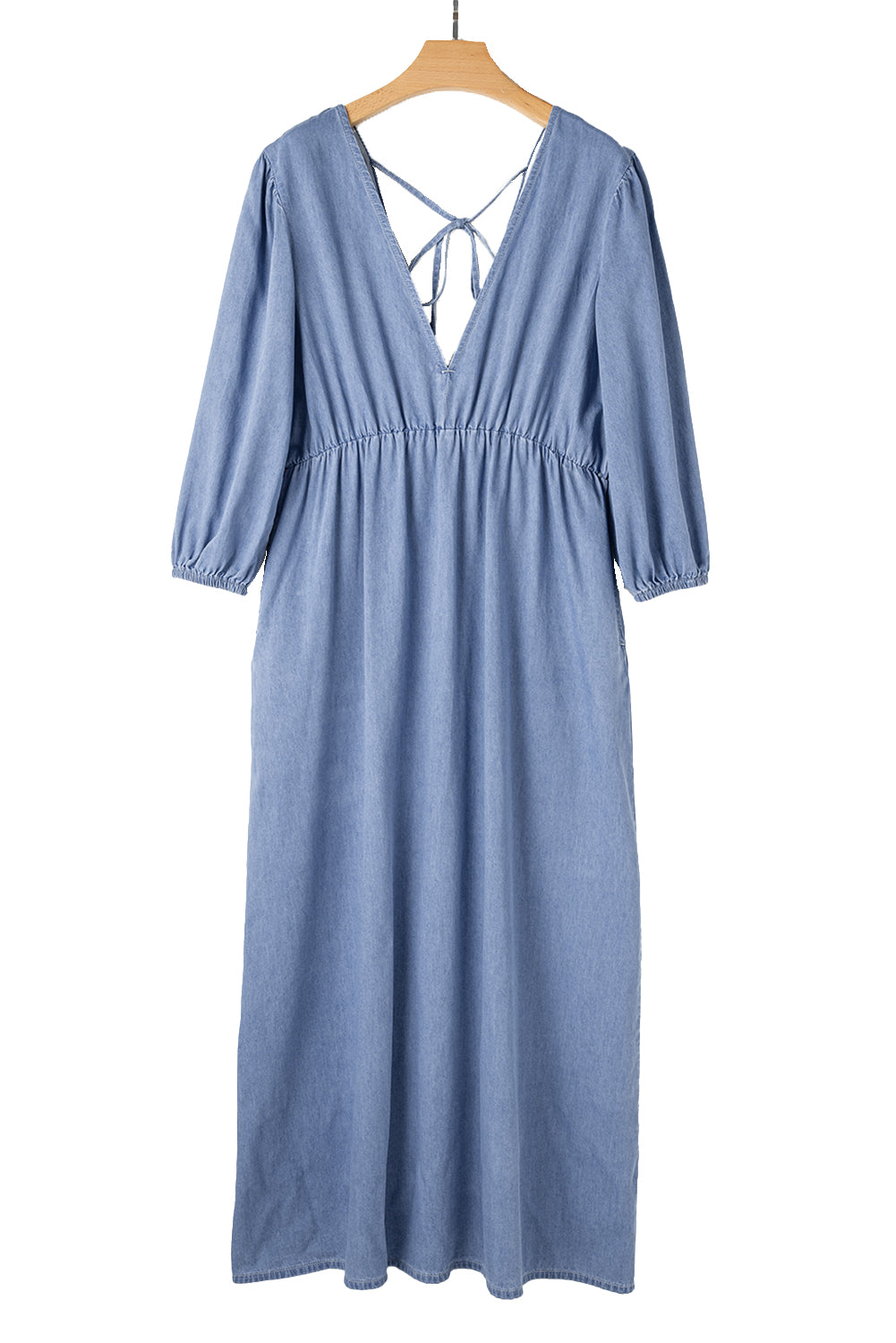 *Myosotis Chambray Deep V Neck Bracelet Sleeve Maxi Dress