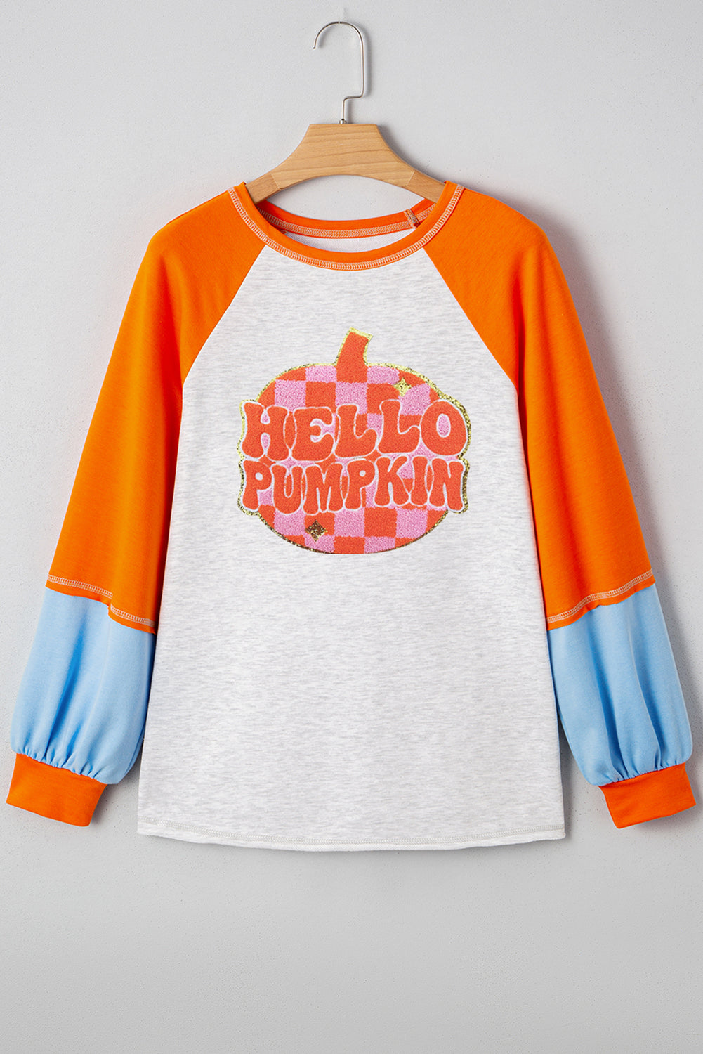 *Light Grey HELLO PUMPKIN Patched Graphic Color block Bubble Sleeve Raglan Top