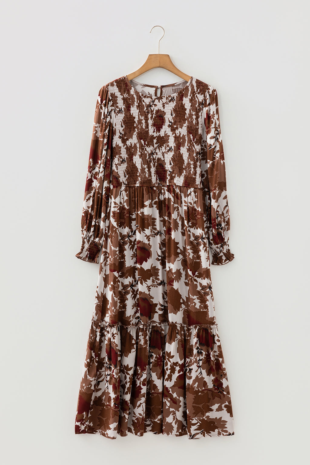 *Orange Floral Puff Sleeve Smocked Bodice Ruffled Long Dress