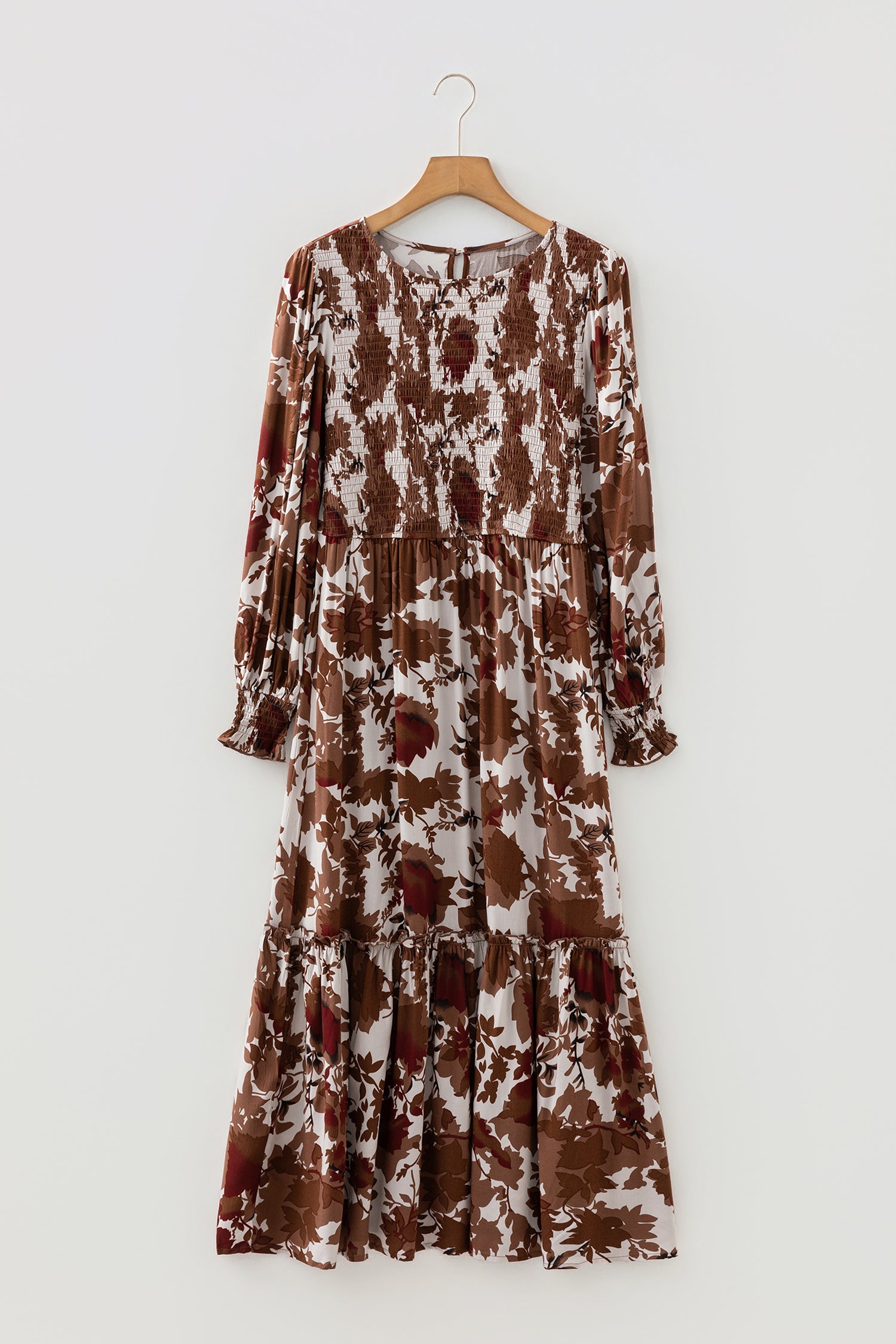 *Orange Floral Puff Sleeve Smocked Bodice Ruffled Long Dress