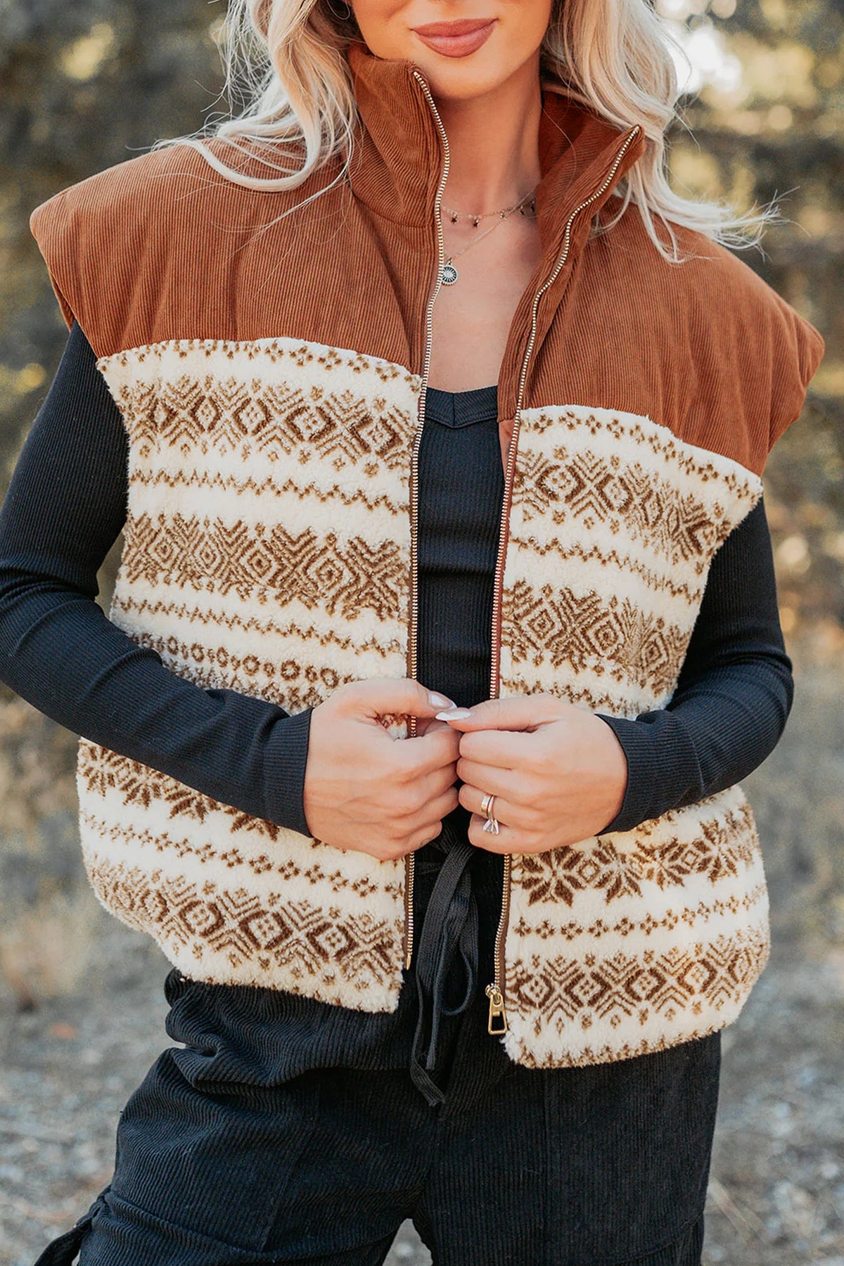 *Brown Geometric Print Fleece Metal Zipper Collar Patchwork Design Vest