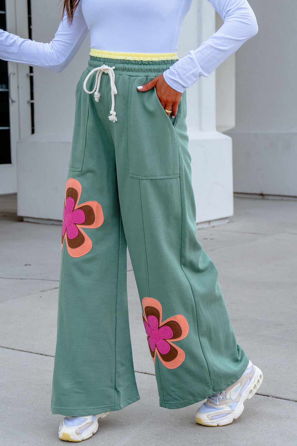 *Sea Green Color Block Flower Patchwork Drawstring Contrasted Elastic Waist Wide Leg Pants