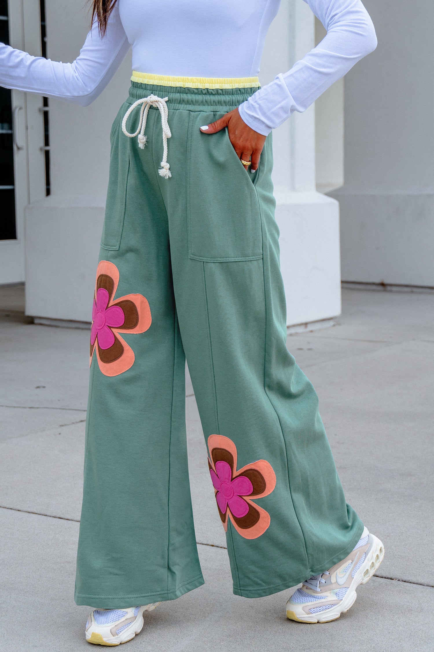 *Sea Green Color Block Flower Patchwork Drawstring Contrasted Elastic Waist Wide Leg Pants