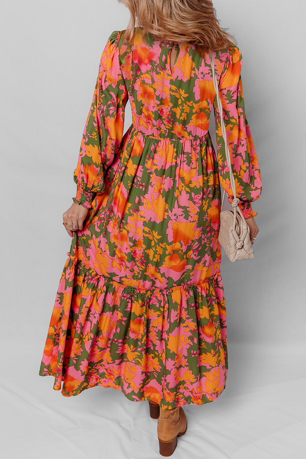 *Orange Floral Puff Sleeve Smocked Bodice Ruffled Long Dress