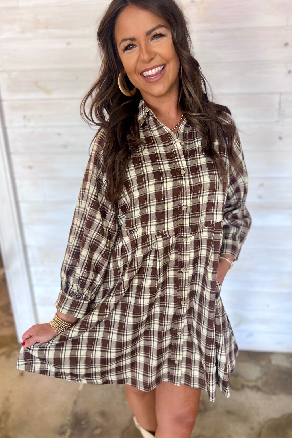 *Brown Plaid Long Sleeve Short Shift Mini Dress