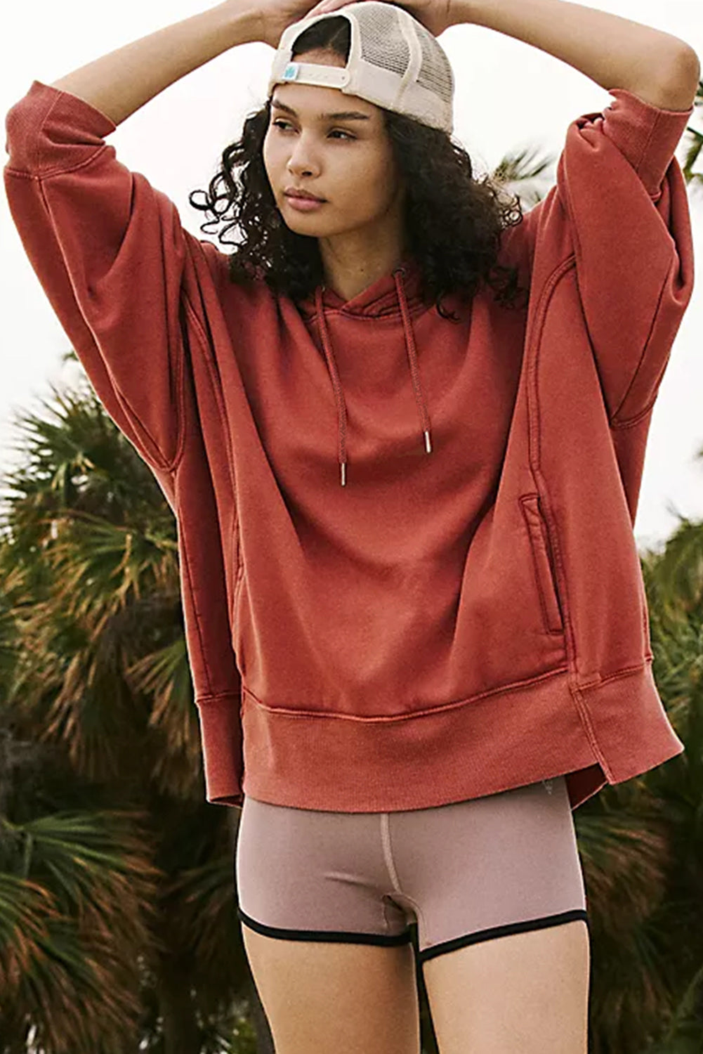 *Red Clay Drop Shoulder Pocketed Baggy Drawstring Hoodie