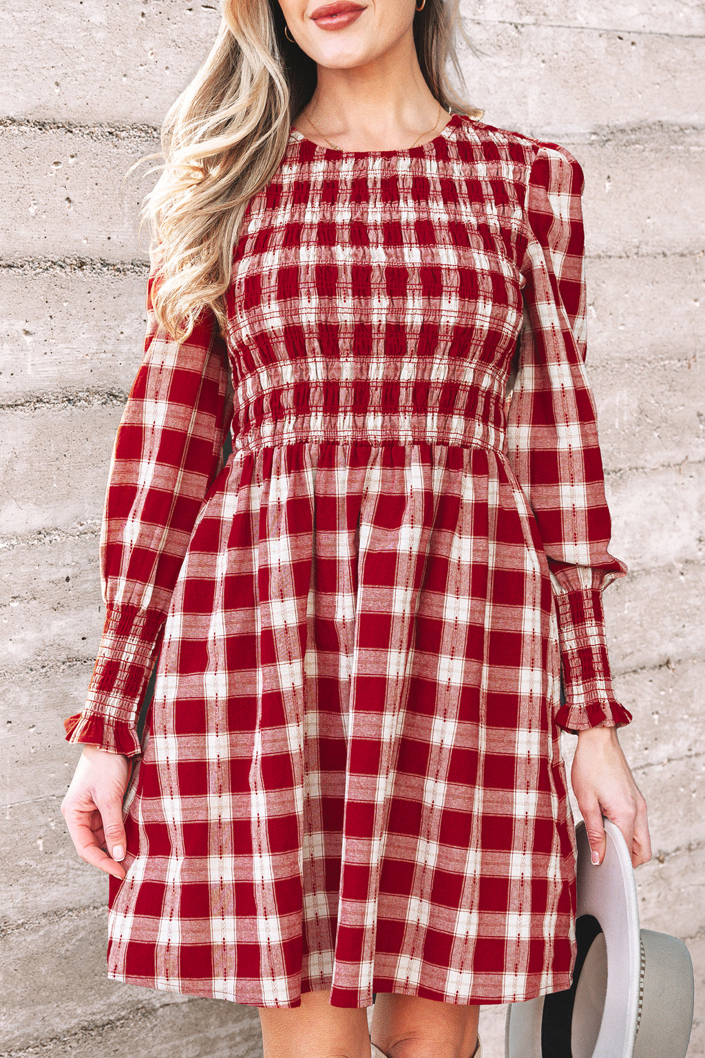*Red Plaid Print Smocked Puff Sleeve Mini Dress