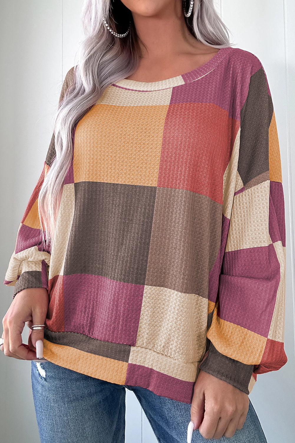 *Green Checkered Print Textured Knit Long Sleeve Loose Top