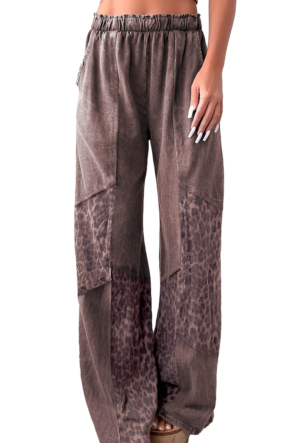 *Coffee Mineral Wash Leopard Patchwork Loose Pants