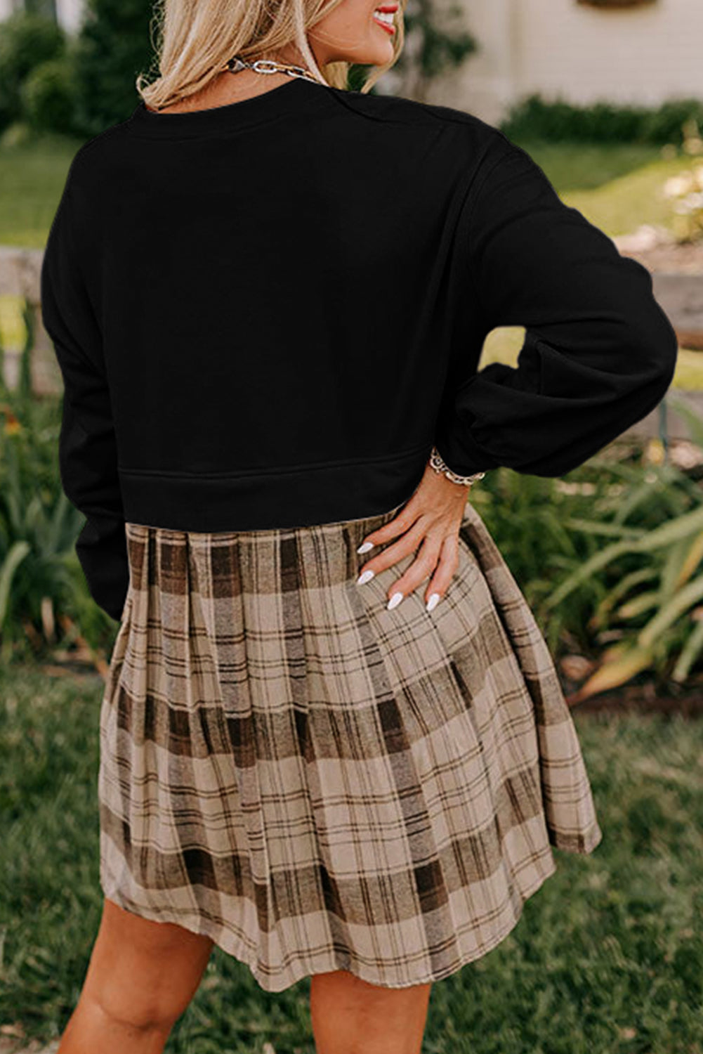 *Beige Plaid Patchwork High Waist Sweatshirt Mini Dress