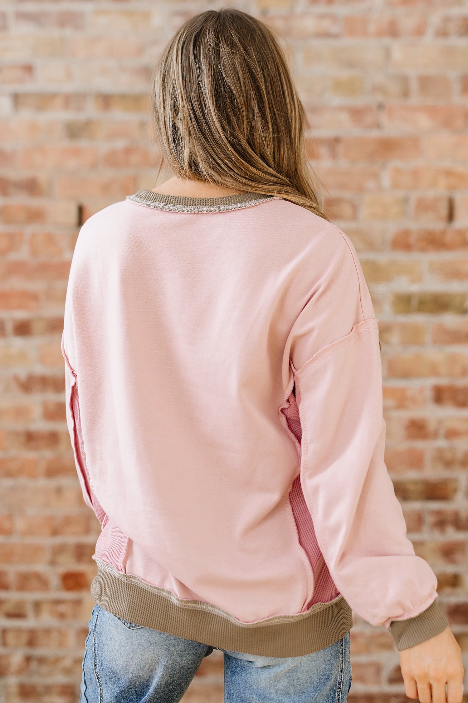 *Light Pink Color Block Mix Texture Waffle Patchwork Oversize Sweatshirt