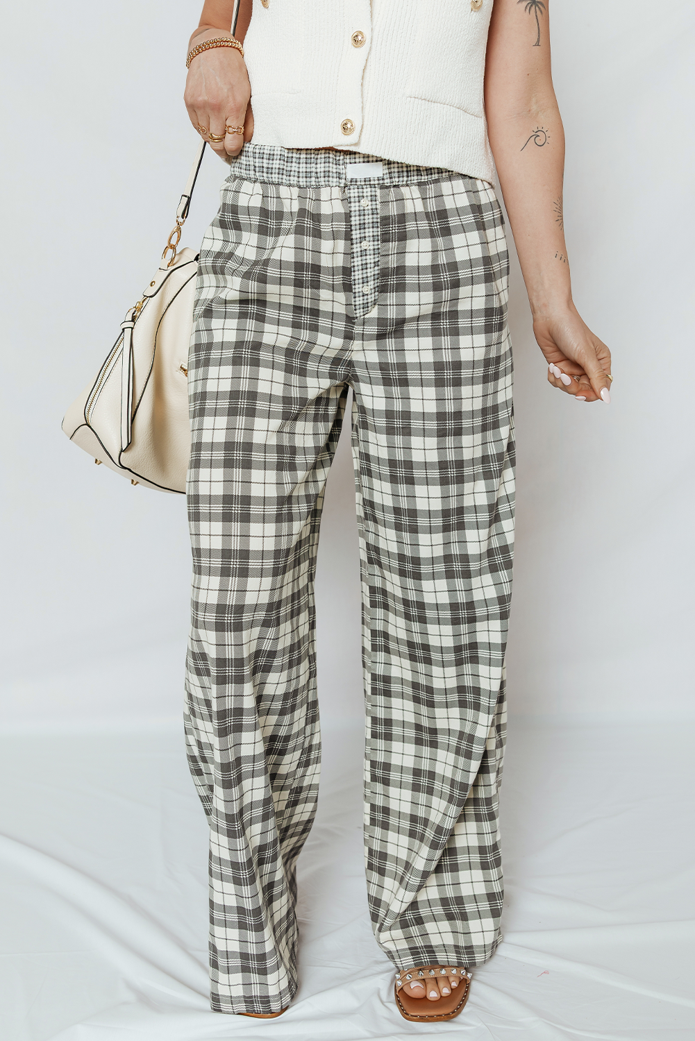 *Gray Plaid Wide Leg Casual Pants