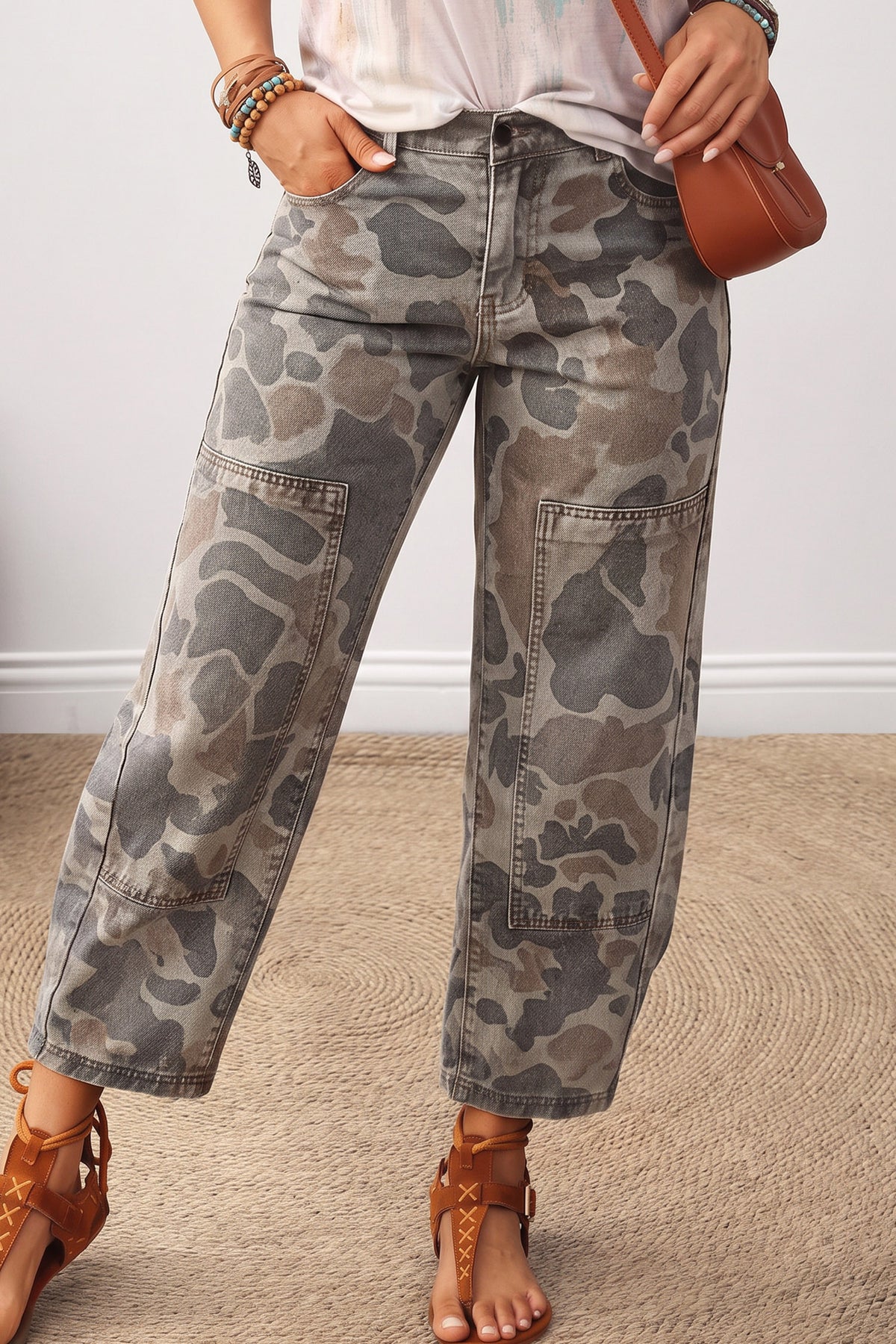 *Khaki Camouflage Pattern Patch Detail Casual Jeans