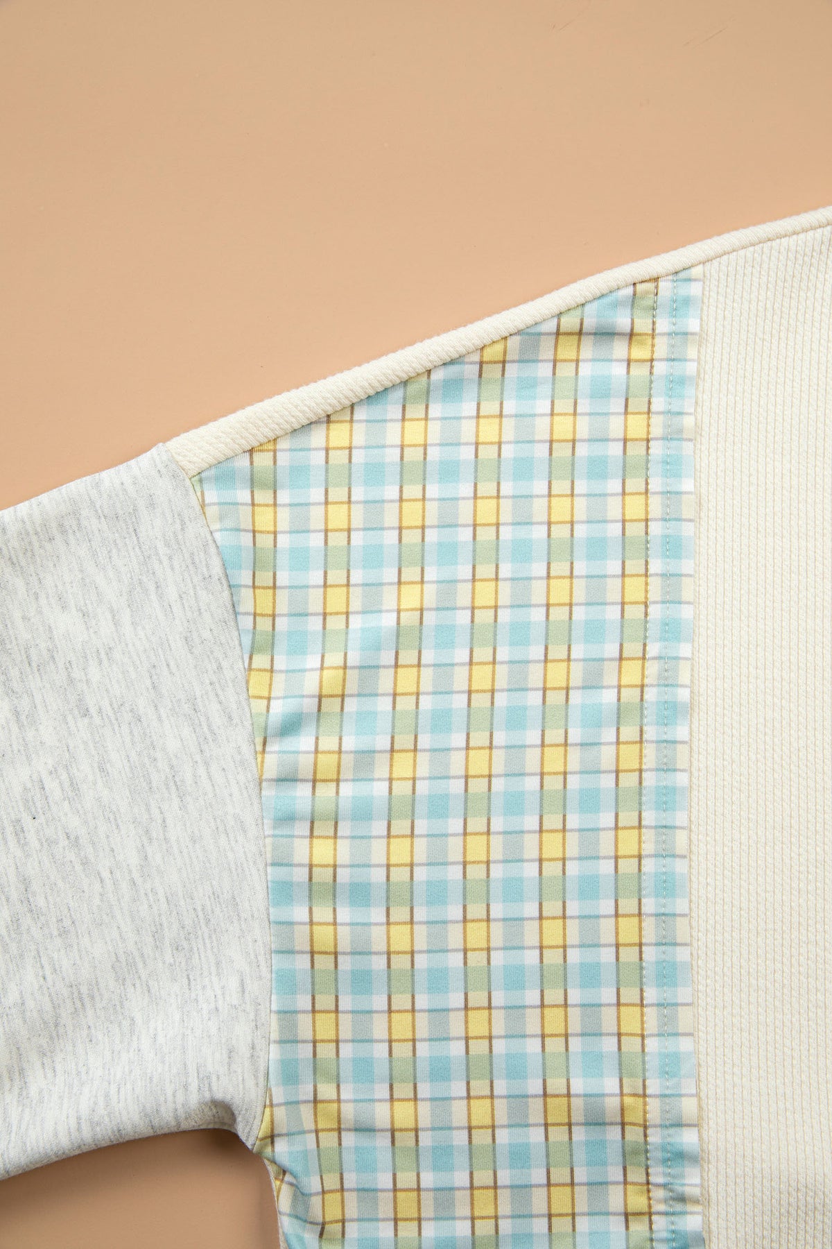 *Light Blue Plaid Patchwork Round Neck Long Sleeve Top