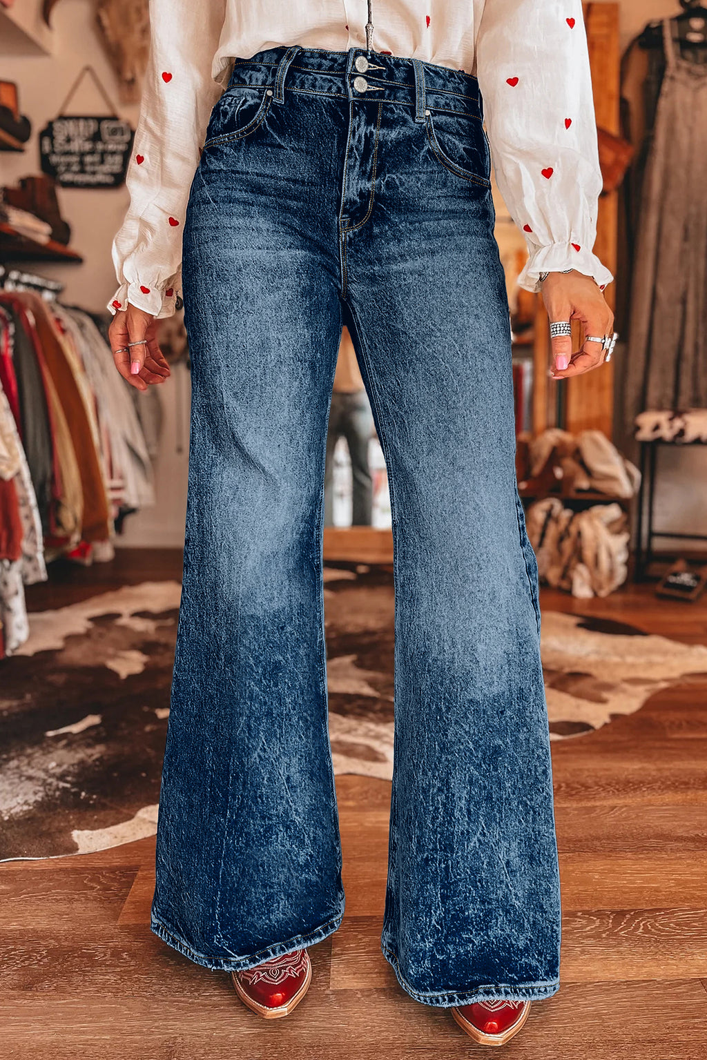 *Sail Blue Acid Wash Pocket Detail Flare Jeans